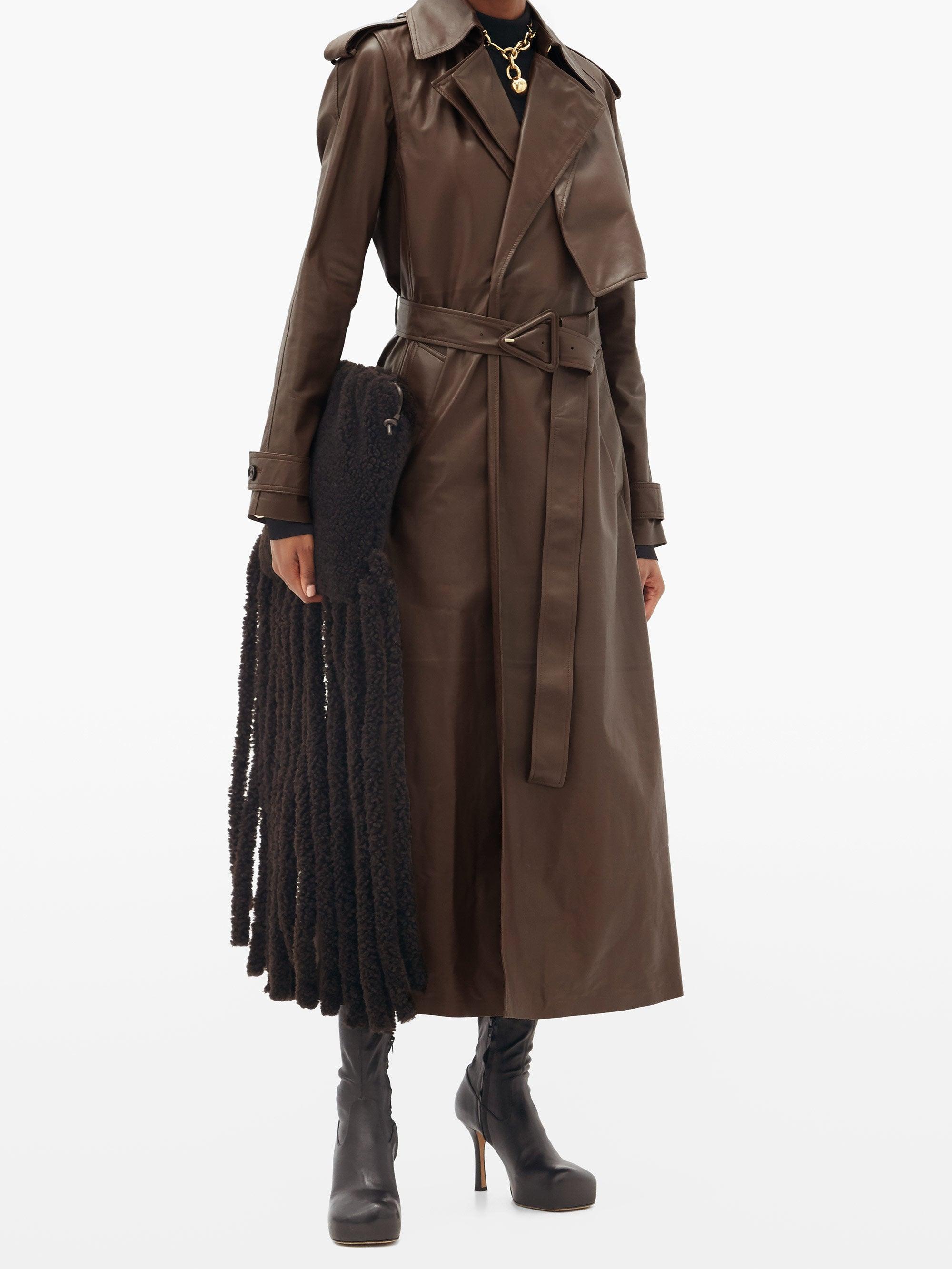 Bottega Veneta Belted Leather Trench Coat in Dark Brown (Brown) - Lyst
