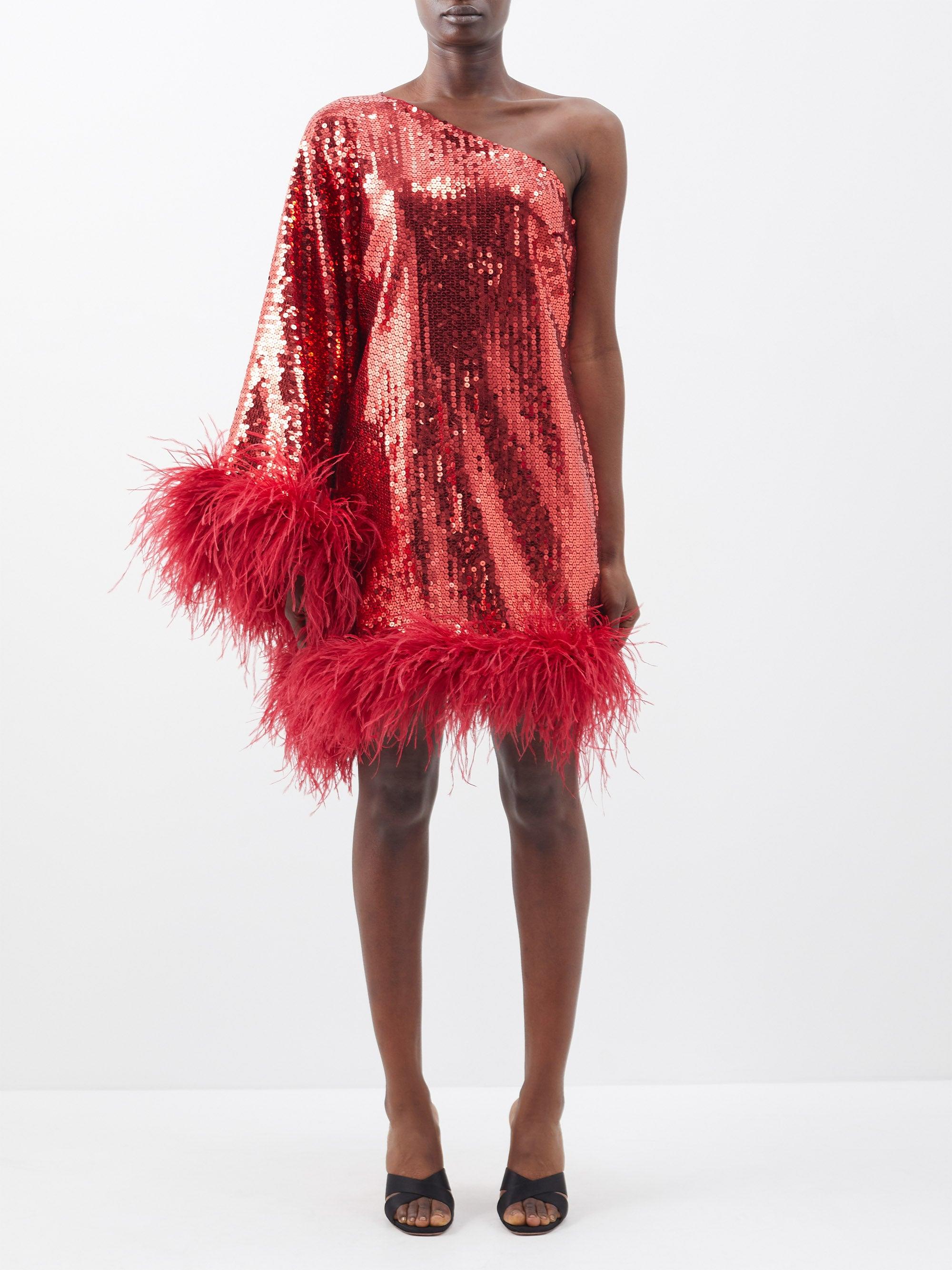 ‎Taller Marmo Piccolo Disco Feathertrim Sequinned Crepe Dress in Red