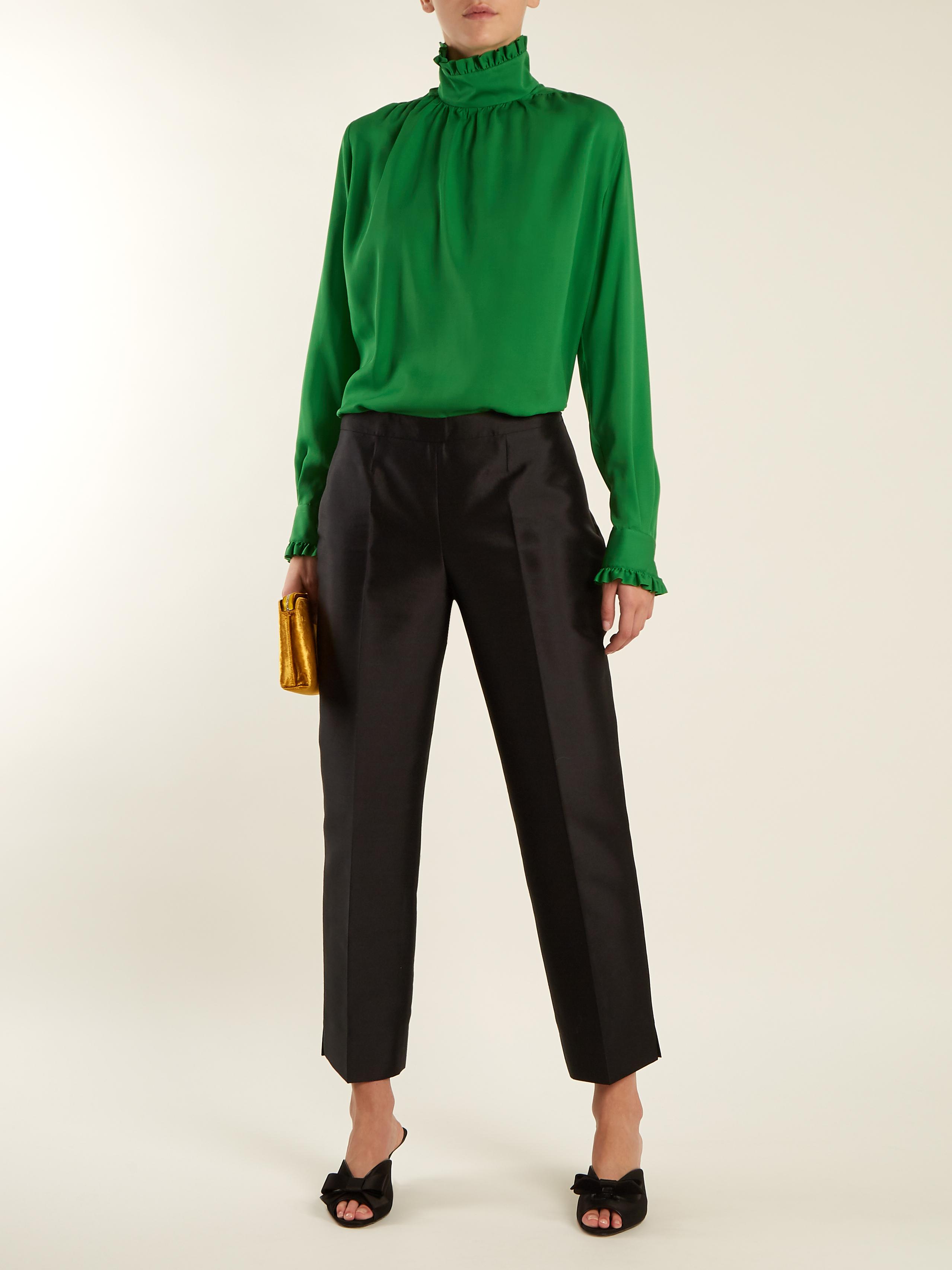 Gucci Ruffle-trimmed High-neck Silk Blouse in Green | Lyst