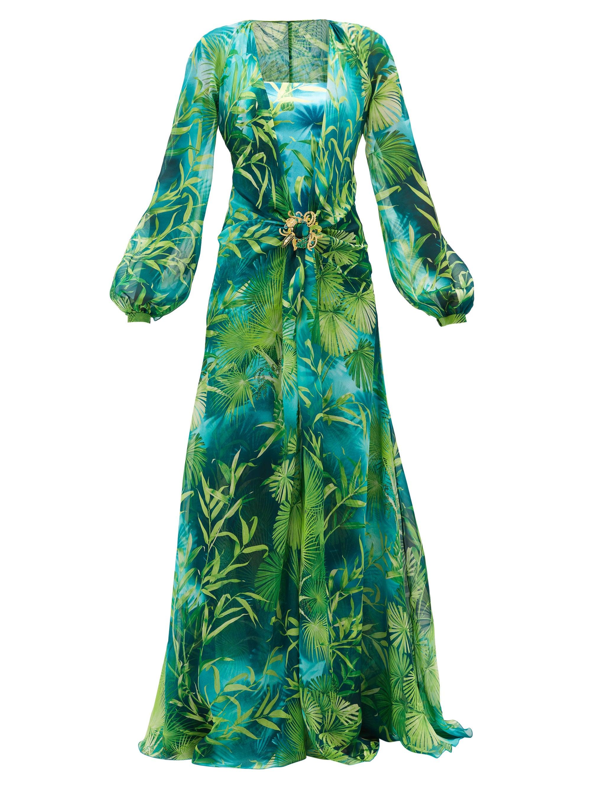 panel Strength Claim Versace Jungle-print Plunge-neck Silk-chiffon Dress in Green | Lyst UK