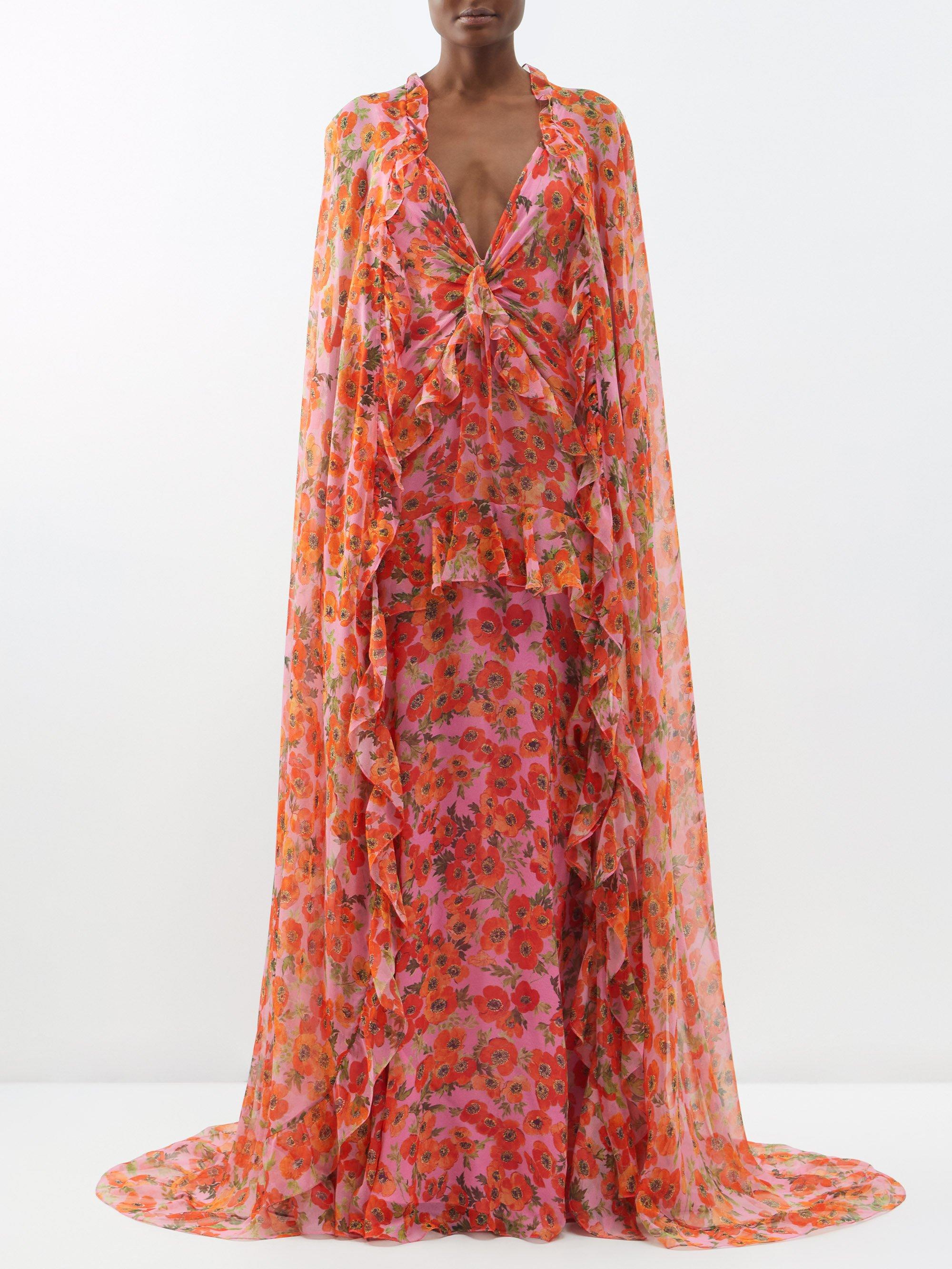 Carolina Herrera Detachable-cape Floral-print Silk-chiffon Gown in Red ...