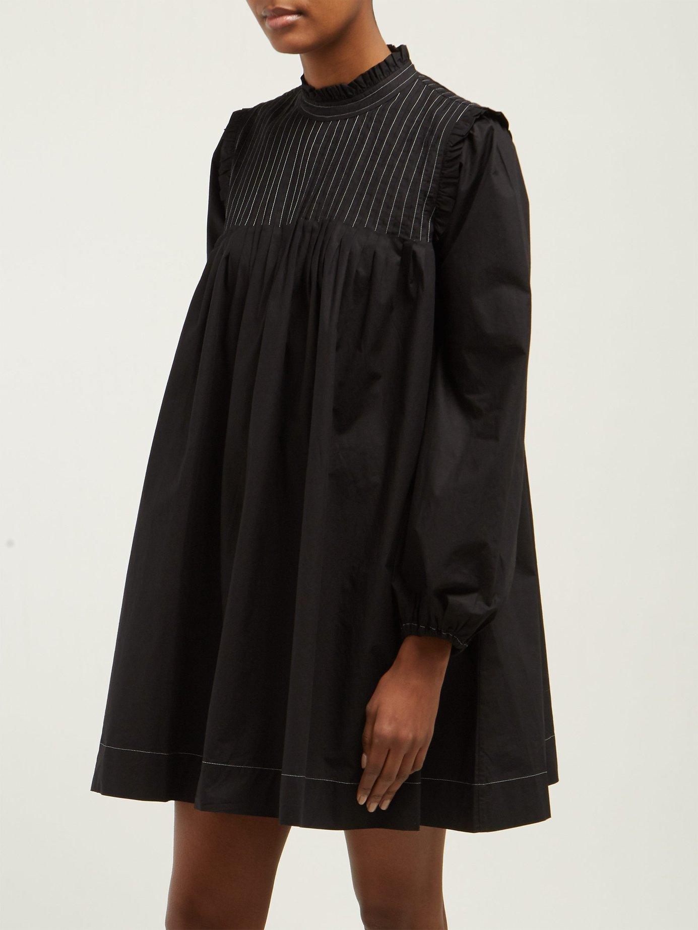 Ganni Slate Pintucked Cotton Poplin Dress in Black - Lyst