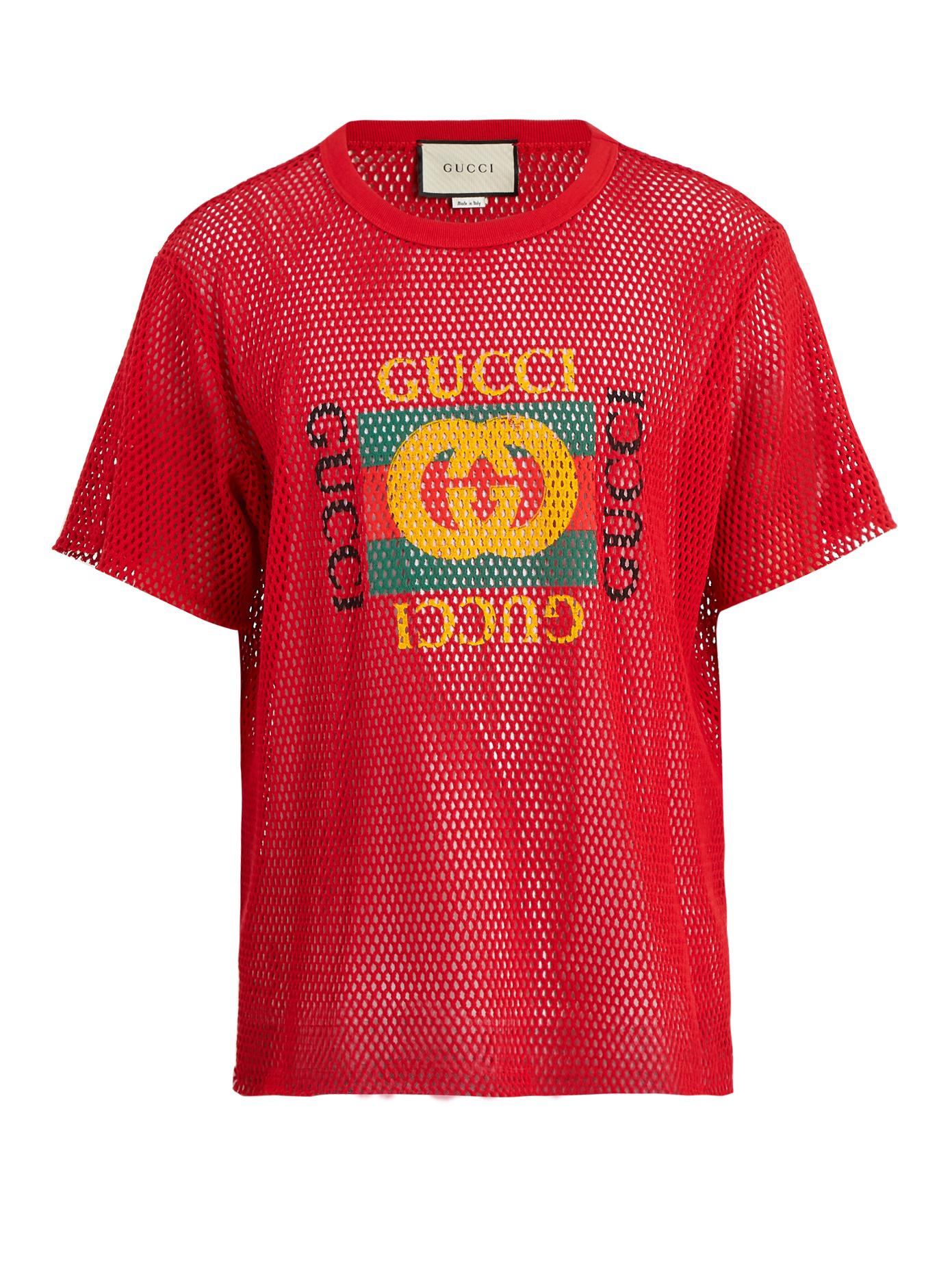 Gucci Logo-print Cotton-blend Mesh T-shirt in Red for Men | Lyst