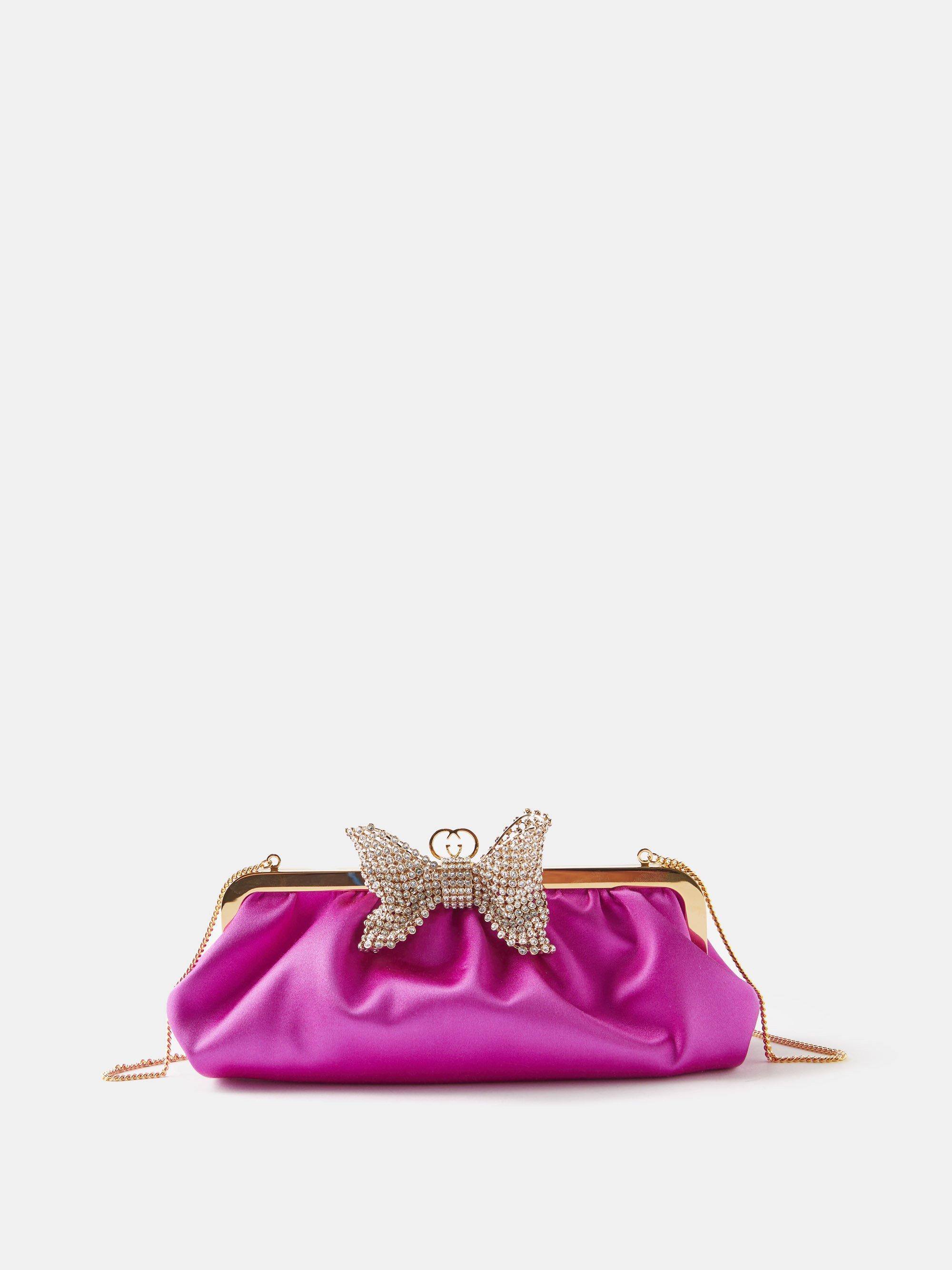 Gucci Broadway Crystal Bow Satin Clutch Bag In Purple Lyst