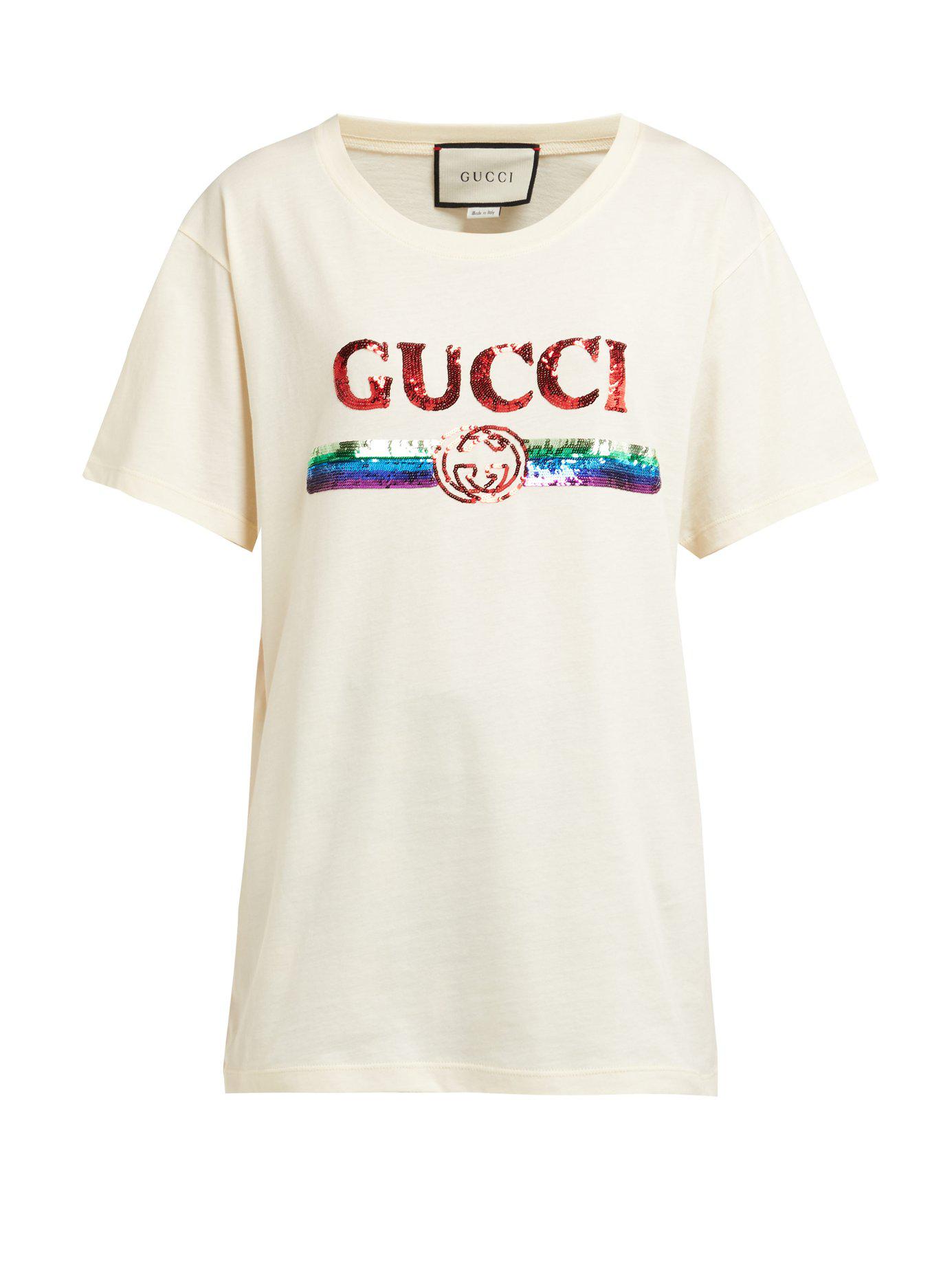 Gucci Sequin Embellished Logo Cotton T Shirt in White - Lyst