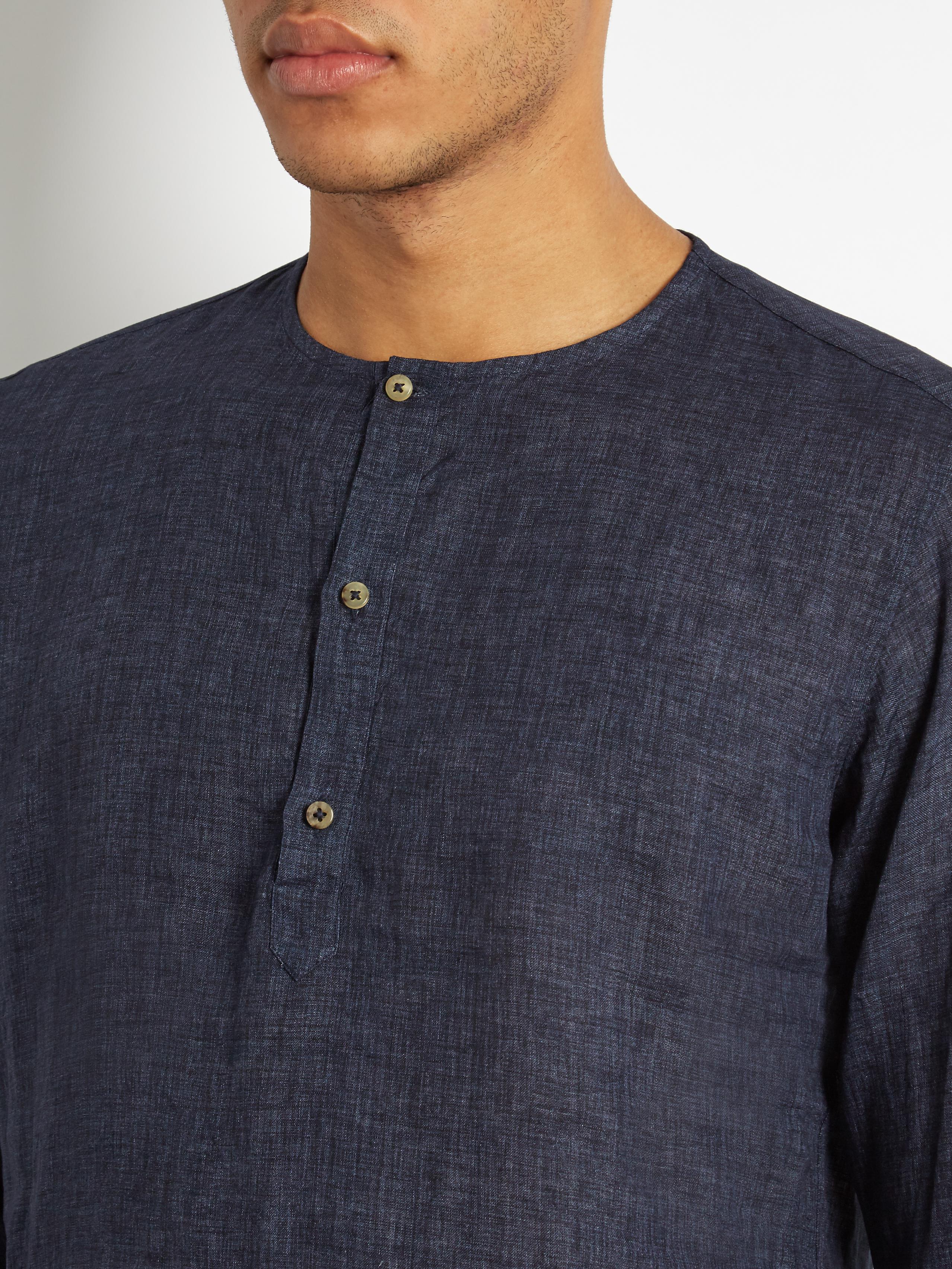 Download De Bonne Facture Round-neck Washed-linen Shirt in Navy ...