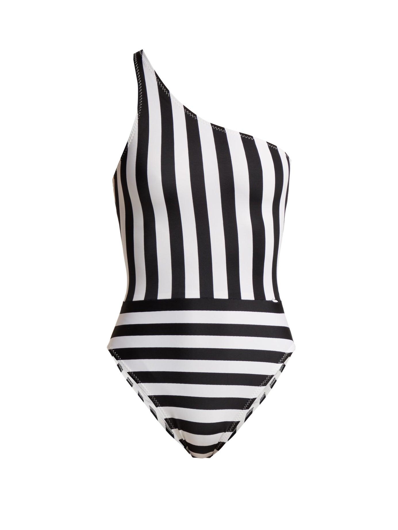 Norma Kamali Mio One-shoulder Striped Swimsuit in Black White (Black ...