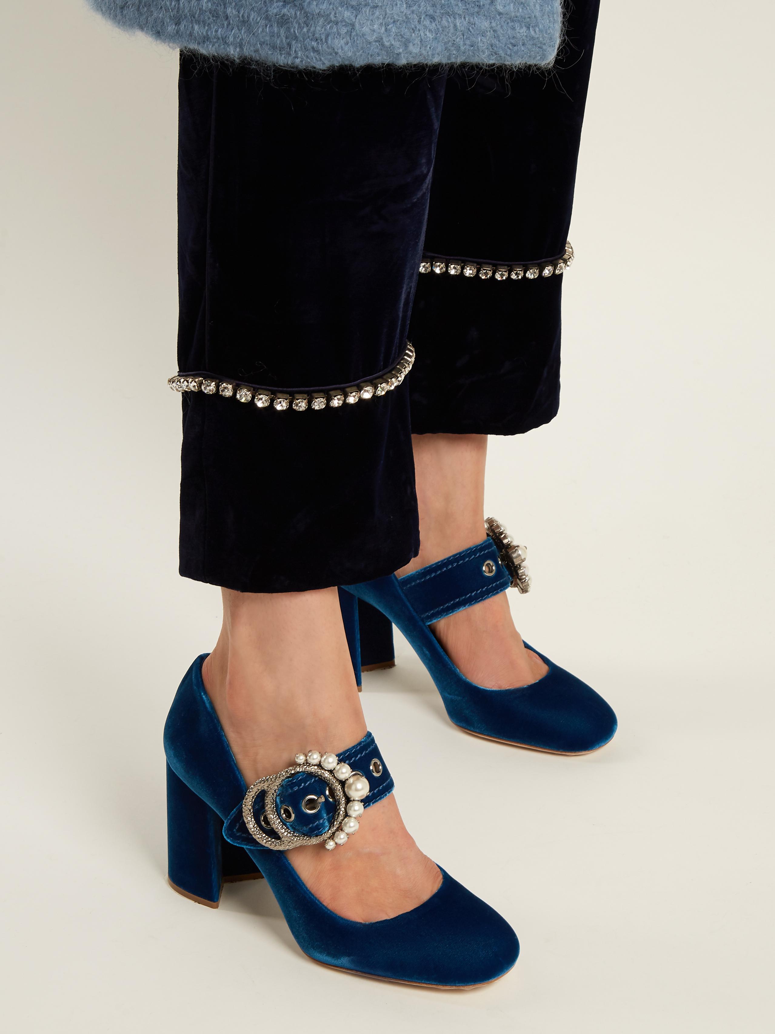 Miu Miu Embellished Velvet Block-heel Pumps in Blue | Lyst