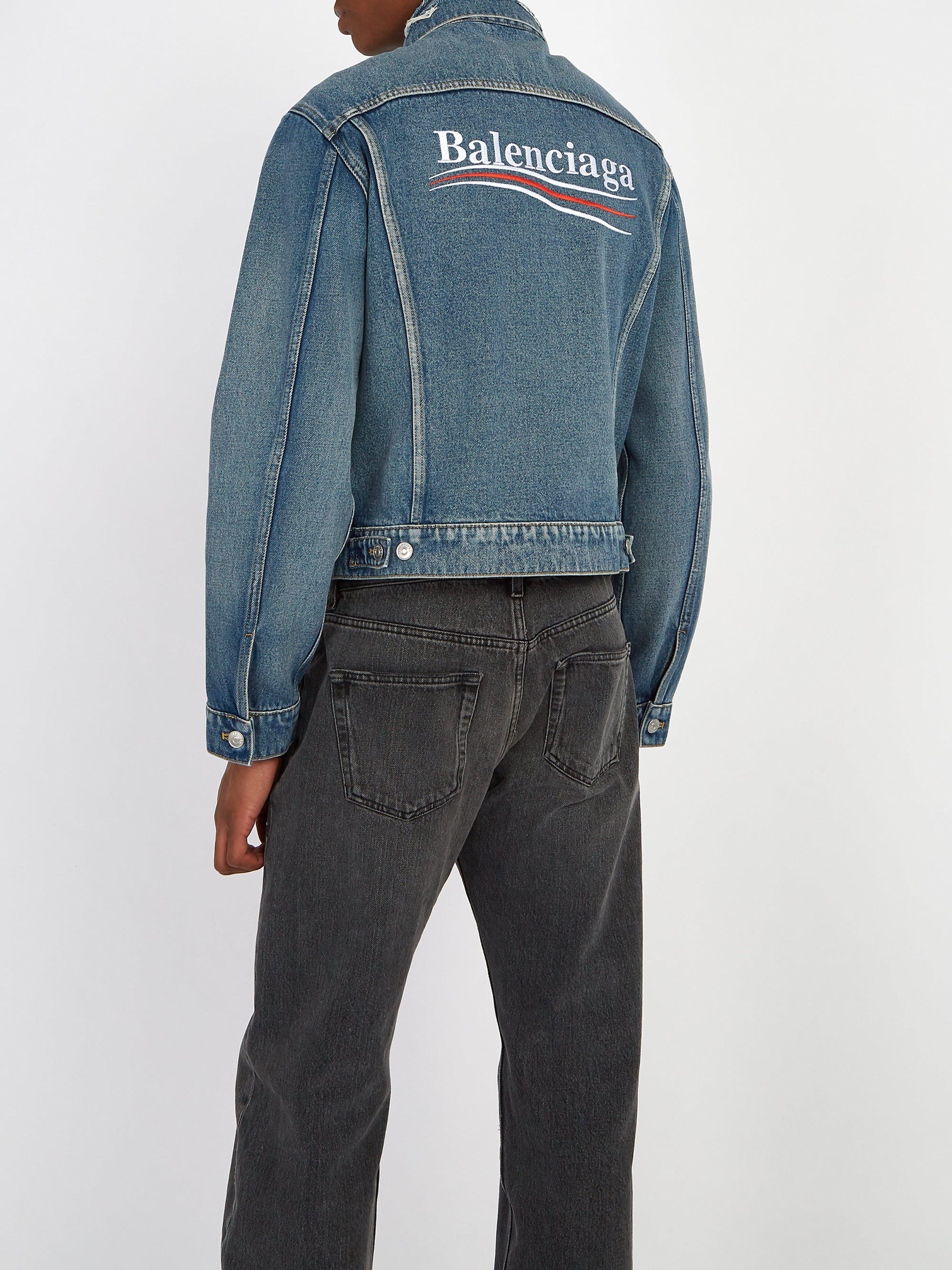 Balenciaga Slim Fit Logo Embroidered Denim Jacket in Blue for Men - Lyst