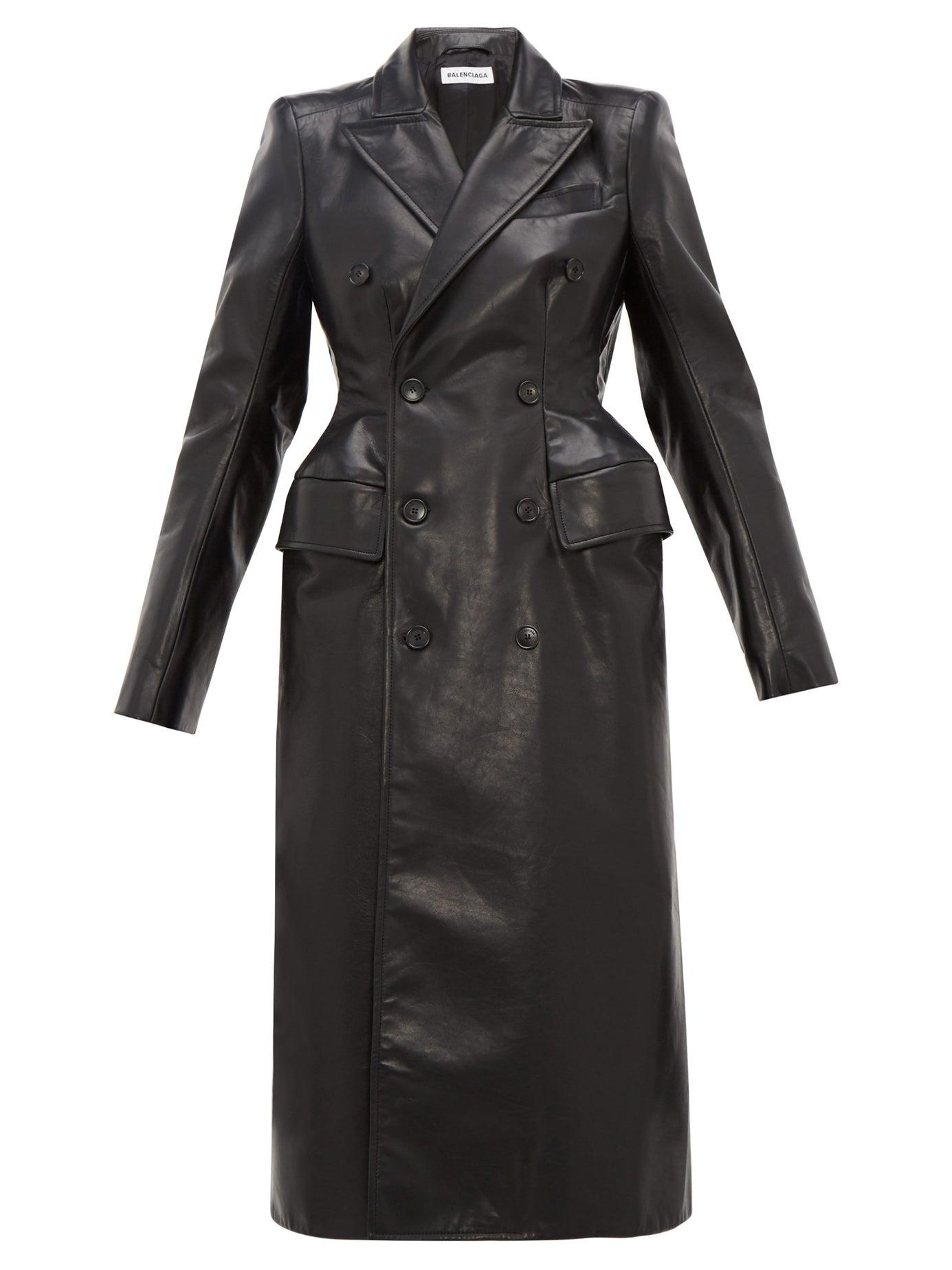 Balenciaga Double-breasted Hourglass Leather Coat in Black | Lyst