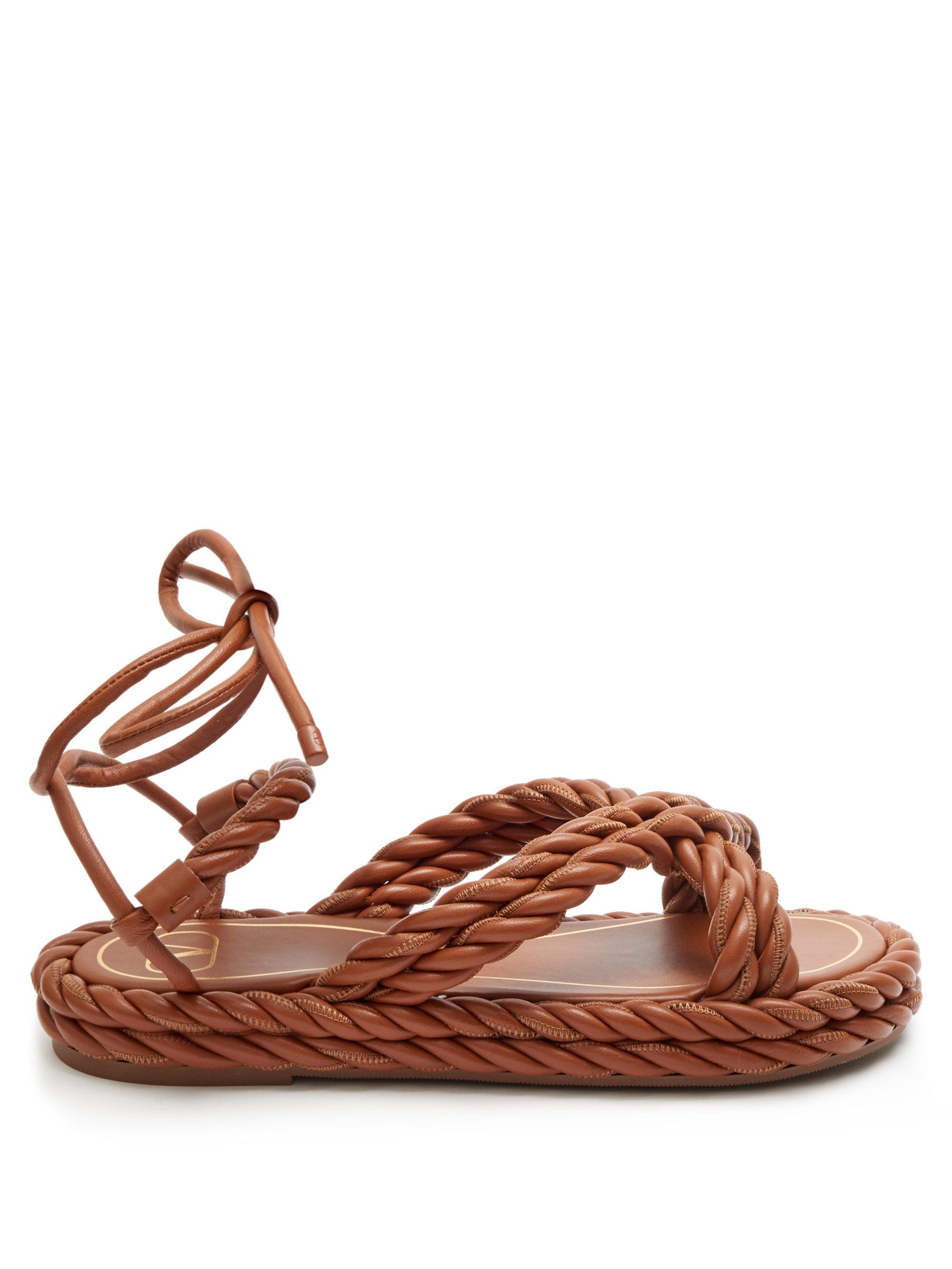 Valentino The Rope Ankle-tie Leather Sandals in Tan (Brown) - Lyst