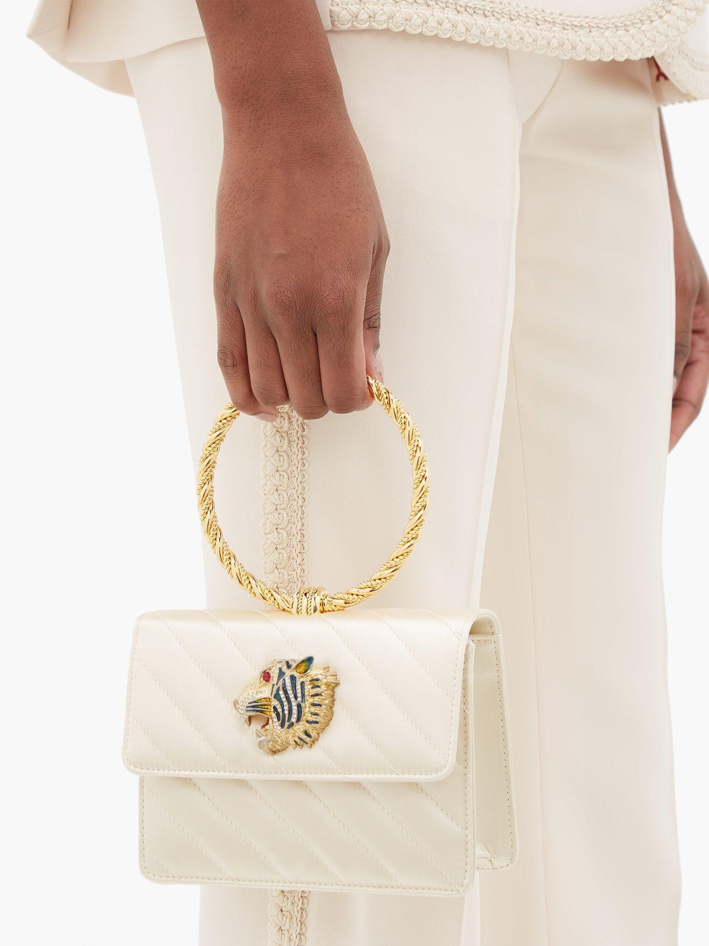 Gucci Broadway Tiger-embellished Quilted-satin Clutch in White | Lyst