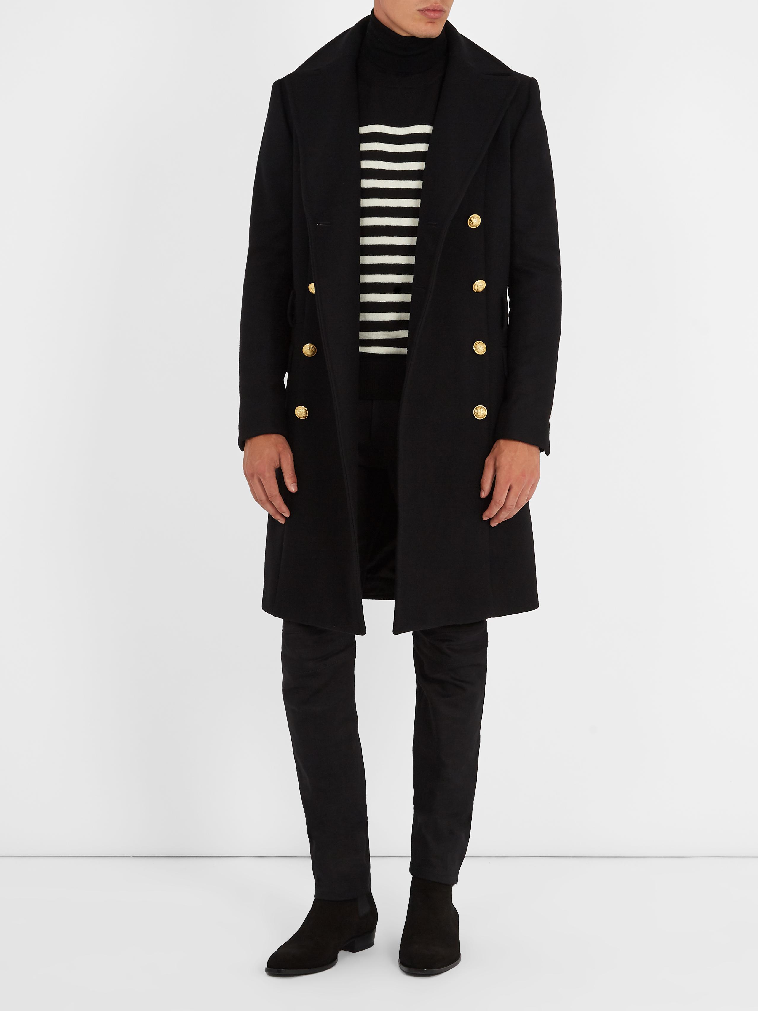 Balmain Double-breasted Wool-blend Military Coat in Black for Men | Lyst
