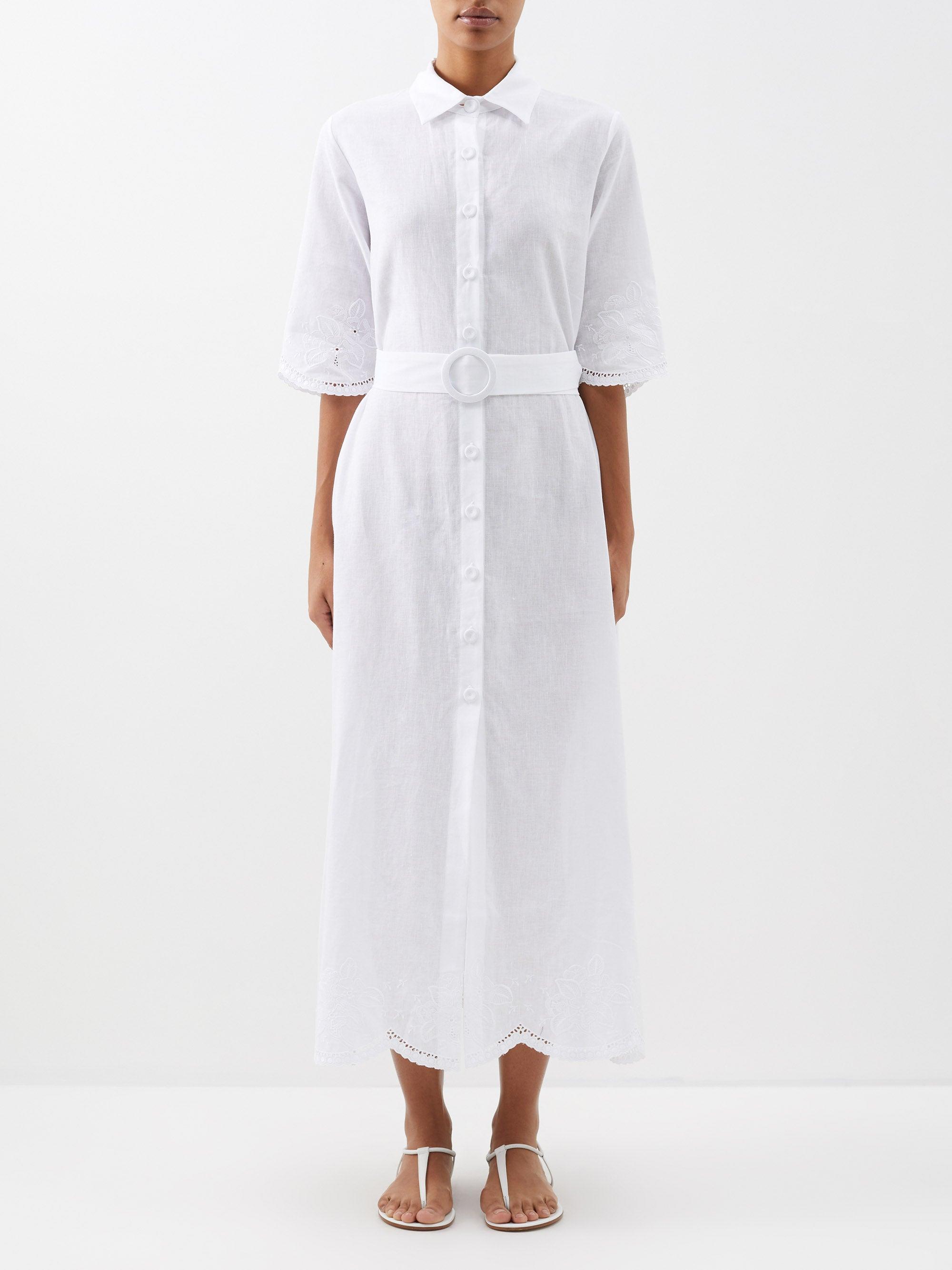 Evi Grintela Valerie Floral-embroidered Belted Linen Midi Dress in ...