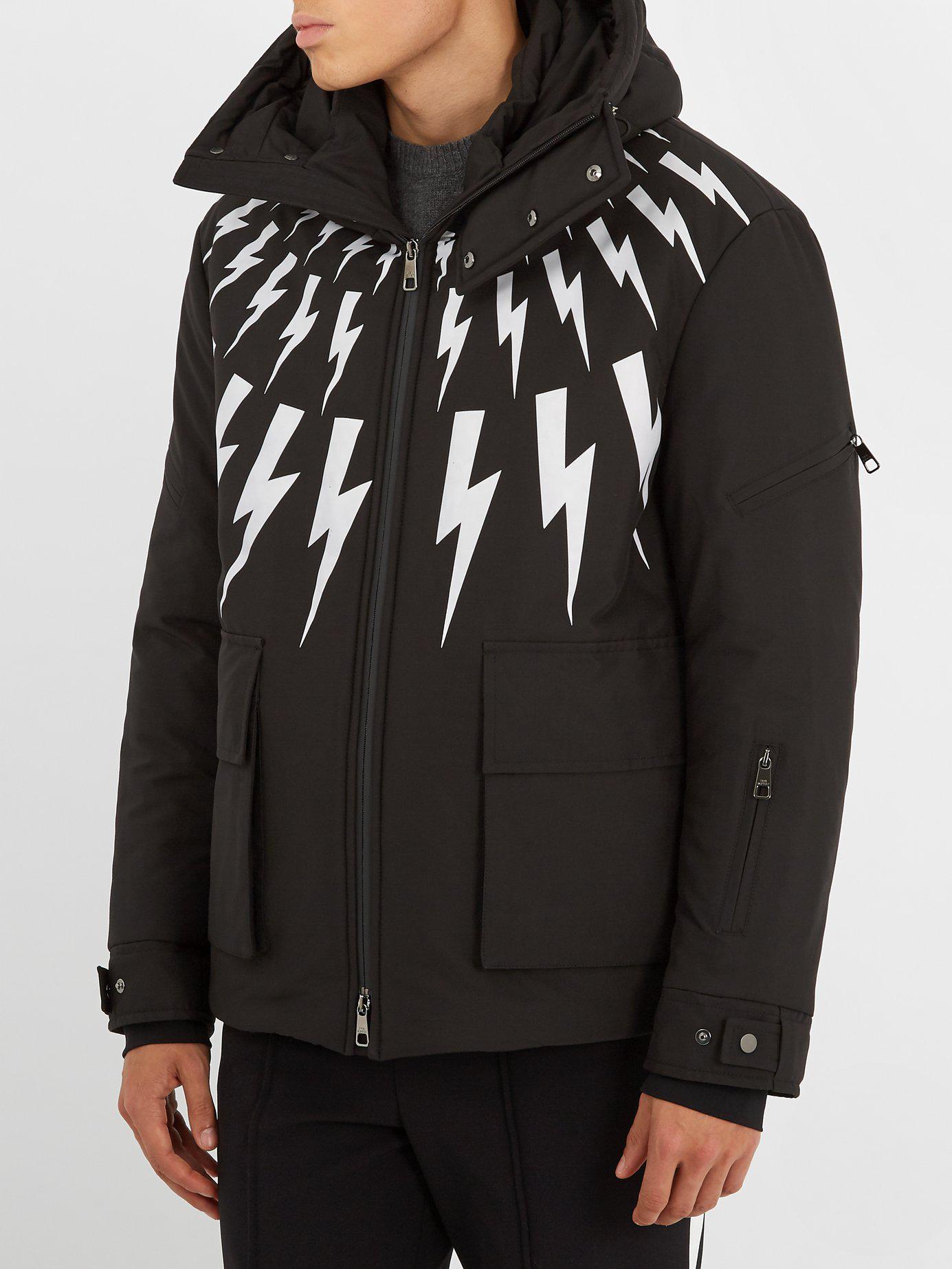 Neil Barrett Synthetic Lightning Bolt Print Hooded Ski Jacket in Black White (Black) for Men Lyst