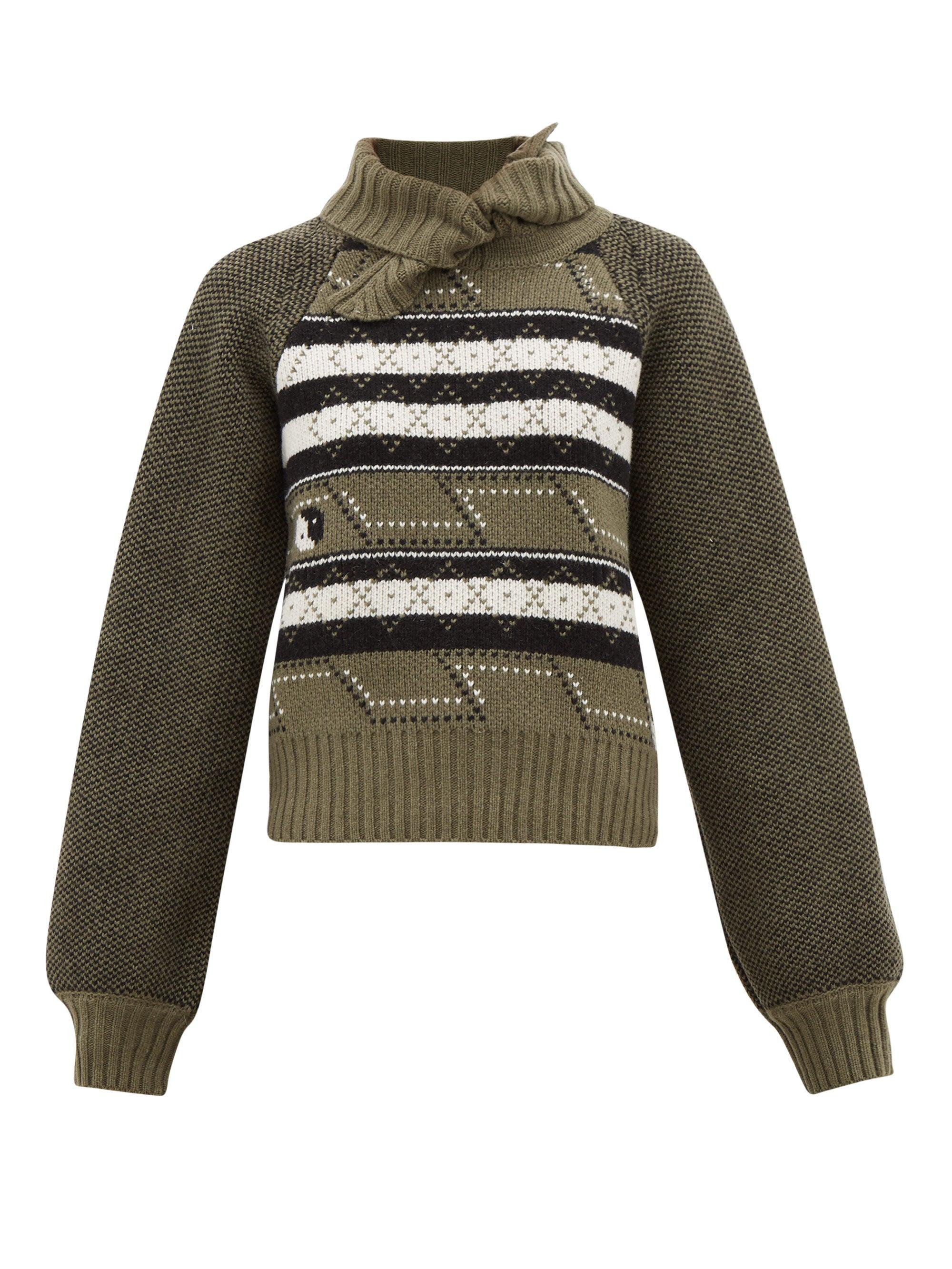 Ganni Tie-neck Fair Isle Wool-blend Sweater in Khaki (Green) - Lyst