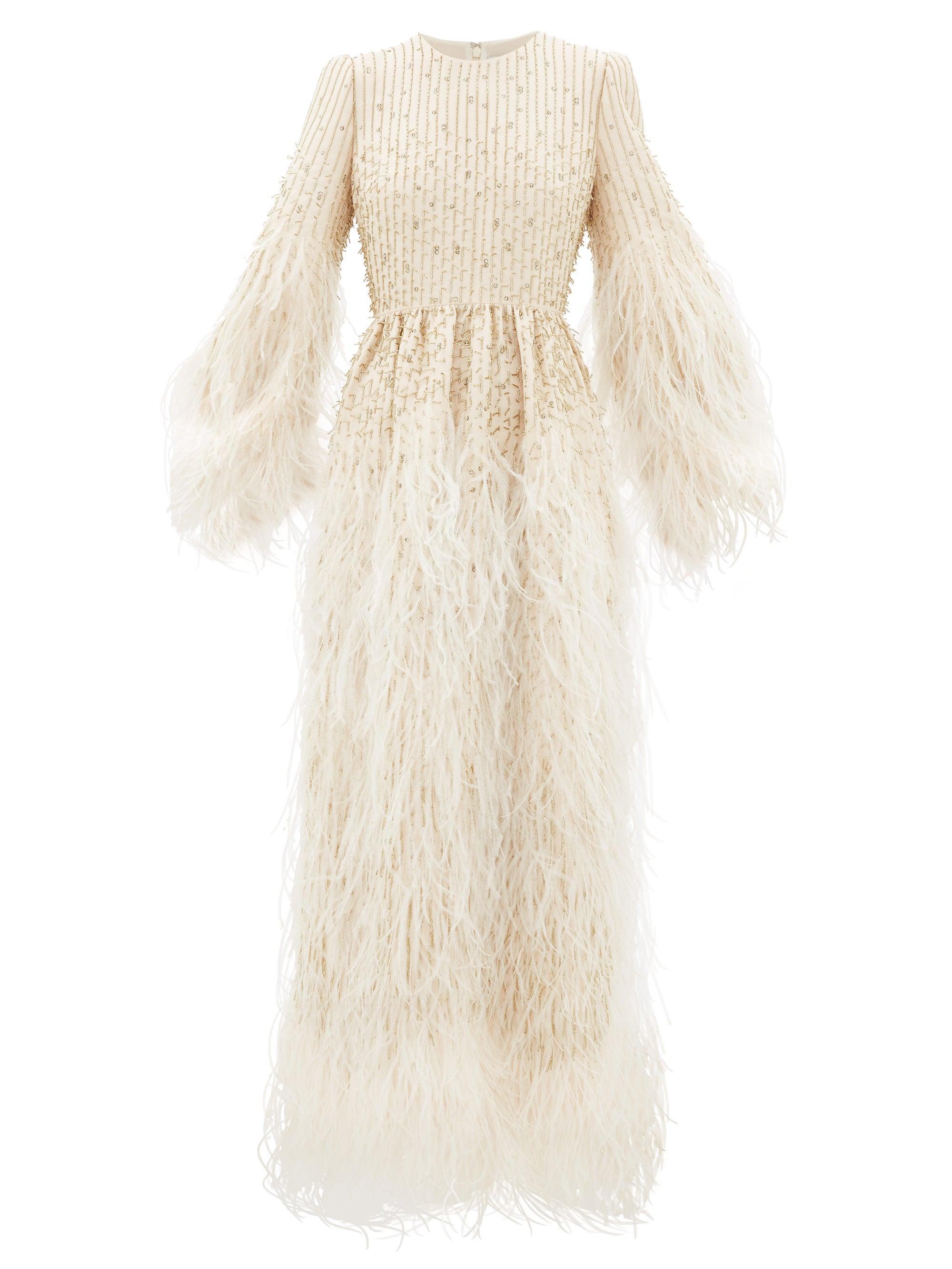 Valentino Feather-trimmed Beaded Wool-blend Gown - Lyst