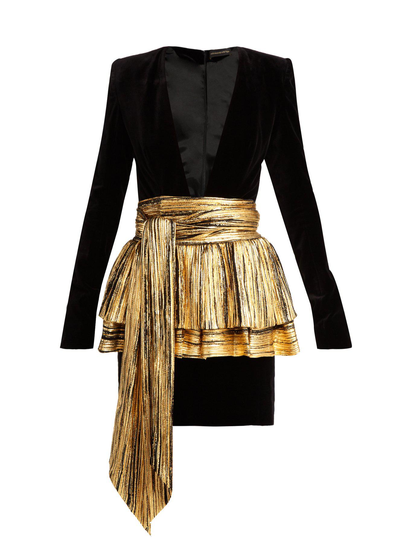 Alexandre Vauthier Velvet Pleated-overlay Mini Dress in Black Gold 