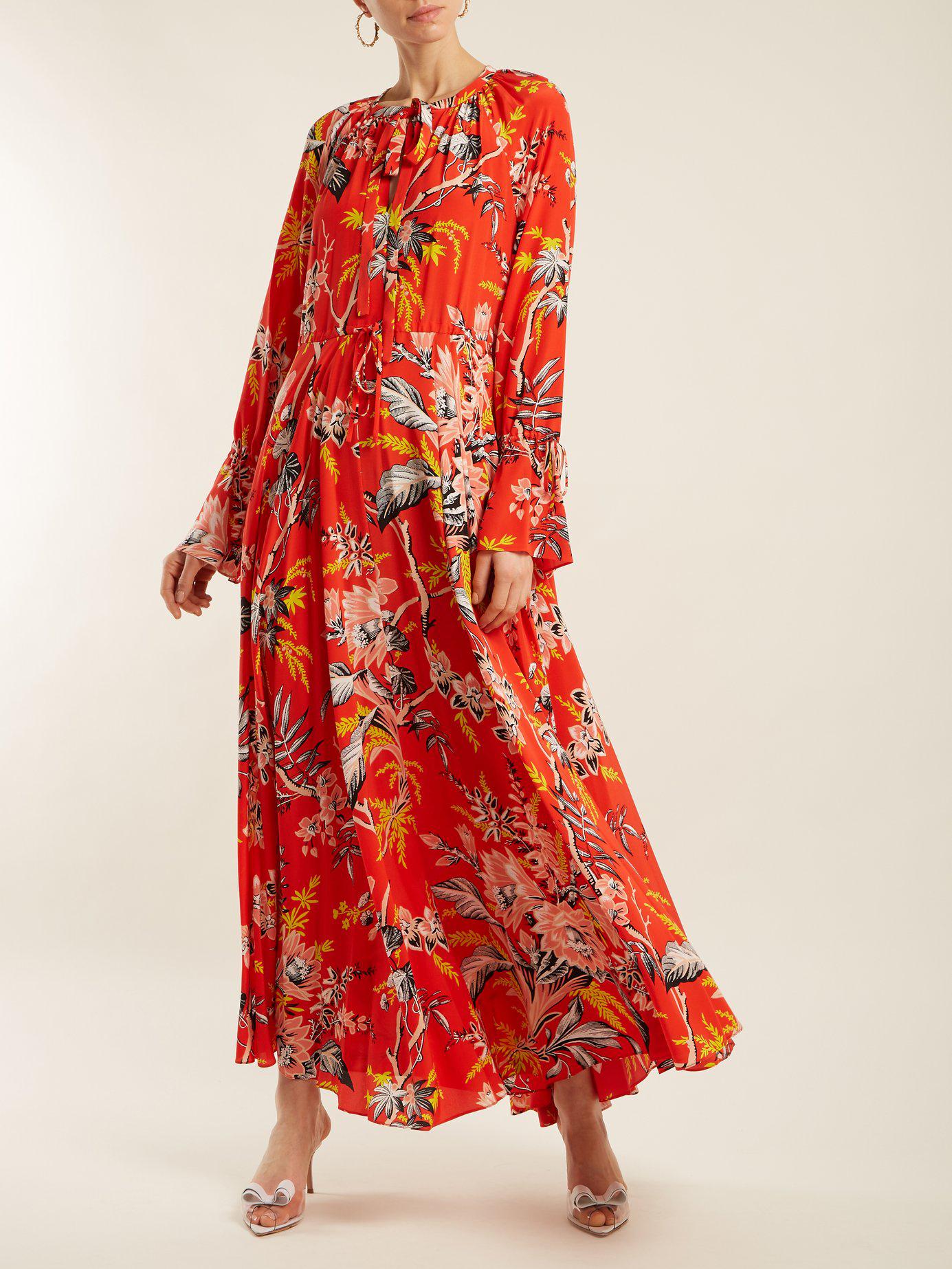 Diane von Furstenberg Pleated Floral-print Silk Maxi Dress Papaya in ...
