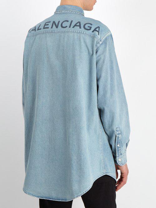 Balenciaga Oversized Logo-print Denim Shirt in Blue for Men | Lyst