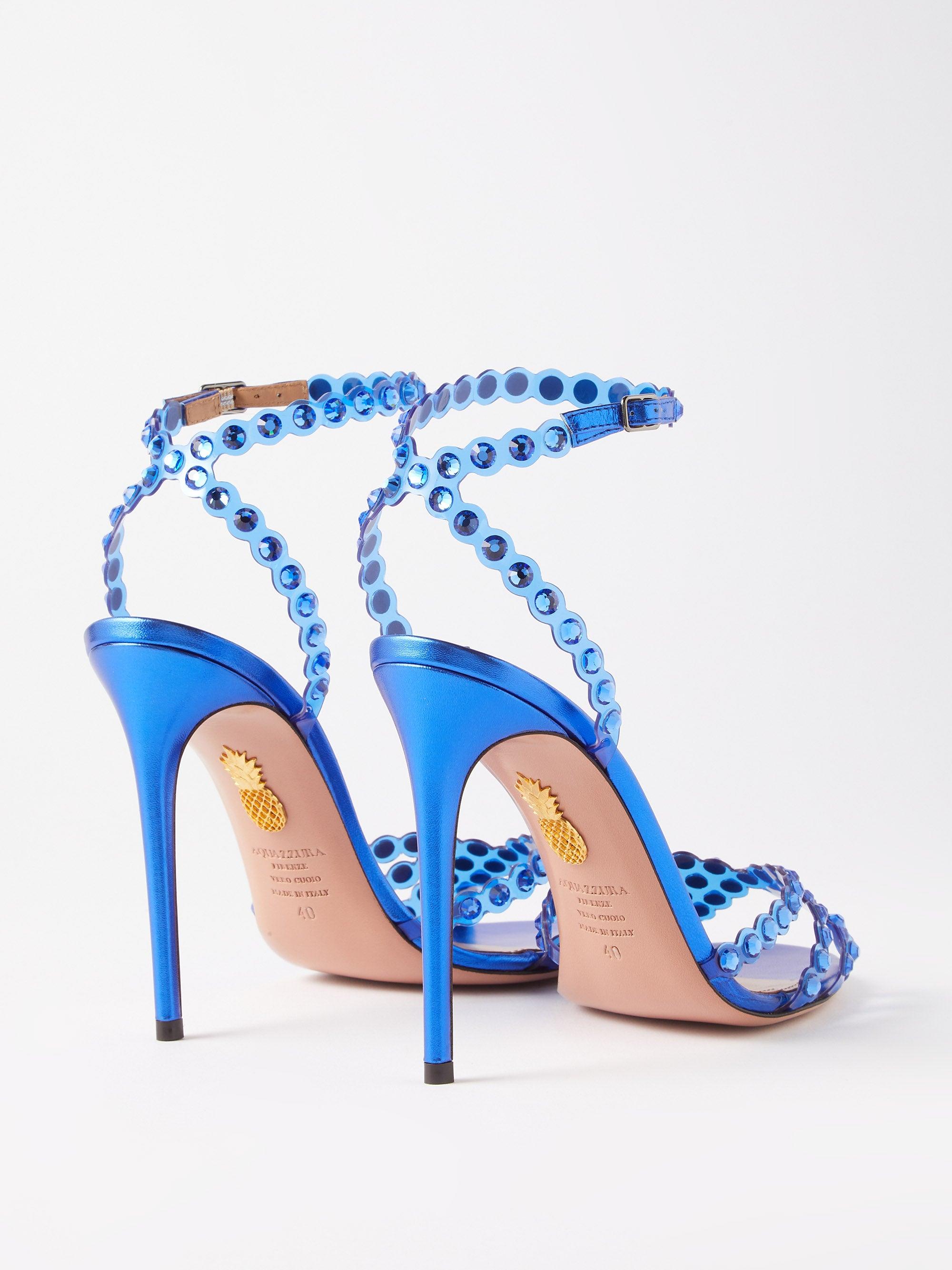 Aquazzura Tequila 105 Crystal Embellished Leather Sandals In Blue Lyst