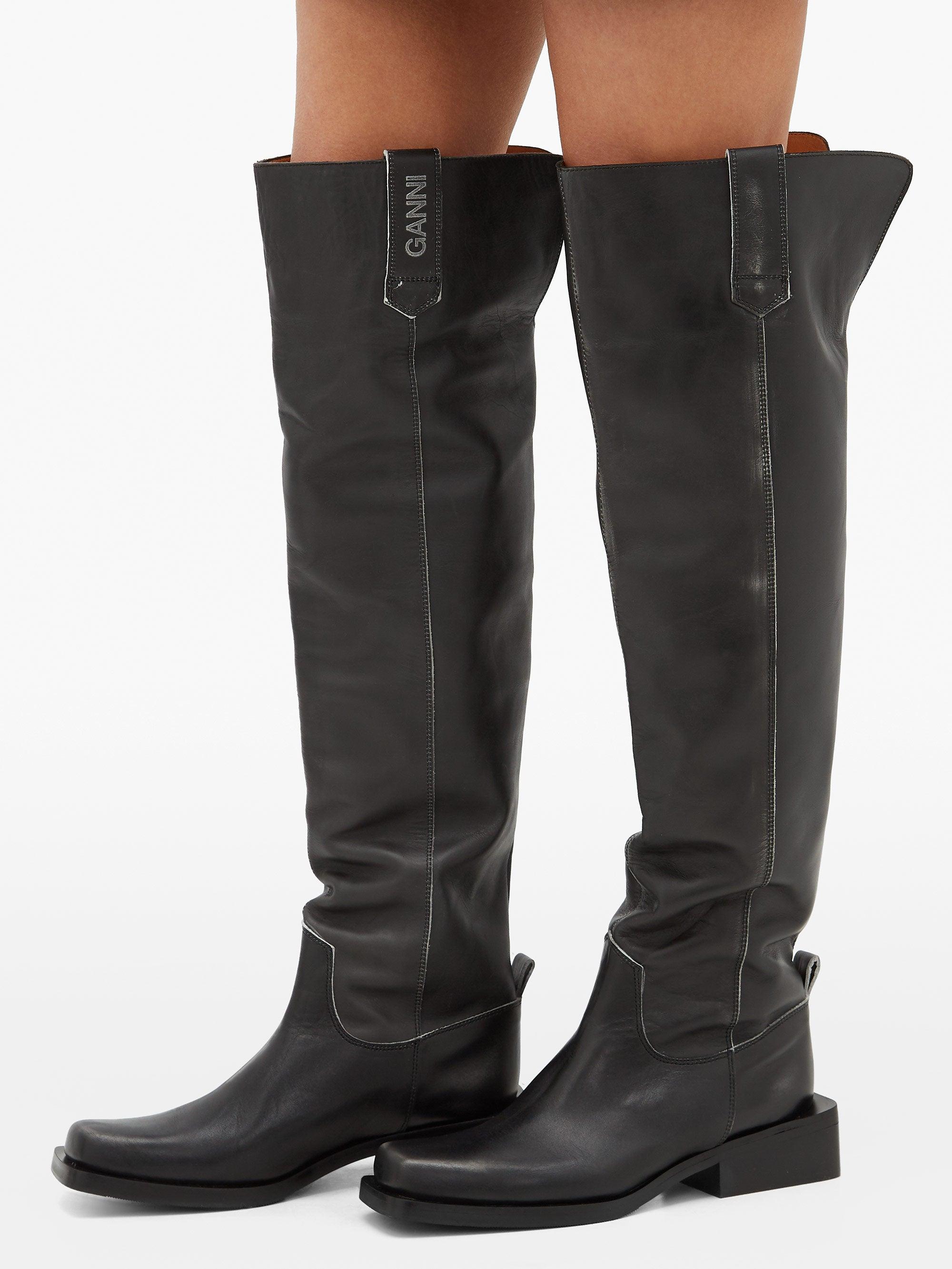 Ganni Square-toe Faded-leather Over-the-knee Boots in Black | Lyst