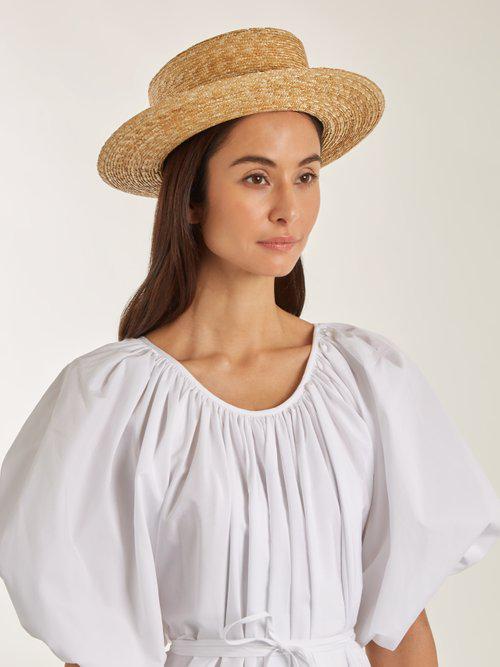 Prada Leather Straw Boater Hat in Black 