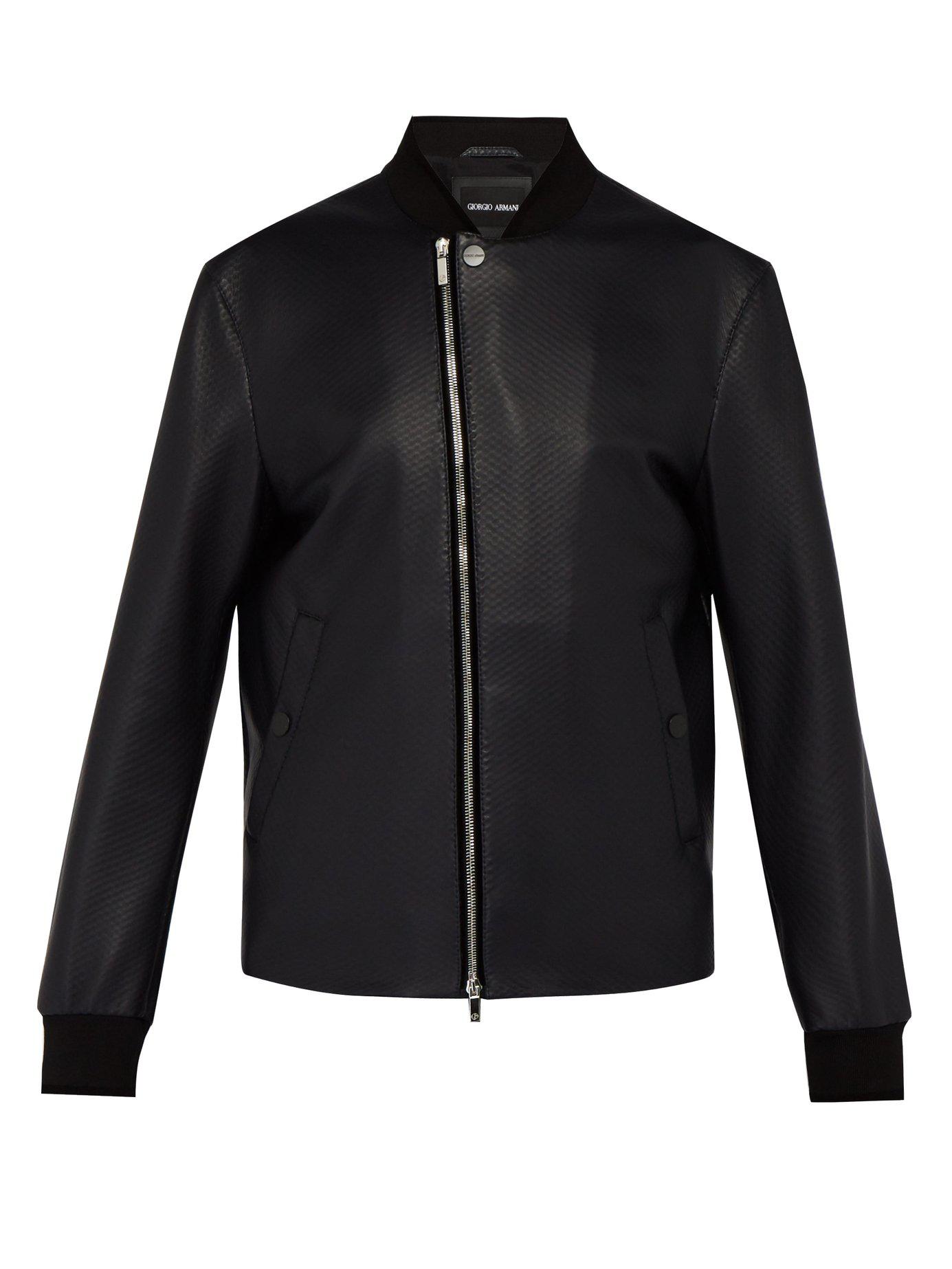 Giorgio Armani Bonded Leather Bomber Jacket in Navy (Blue) for Men - Lyst