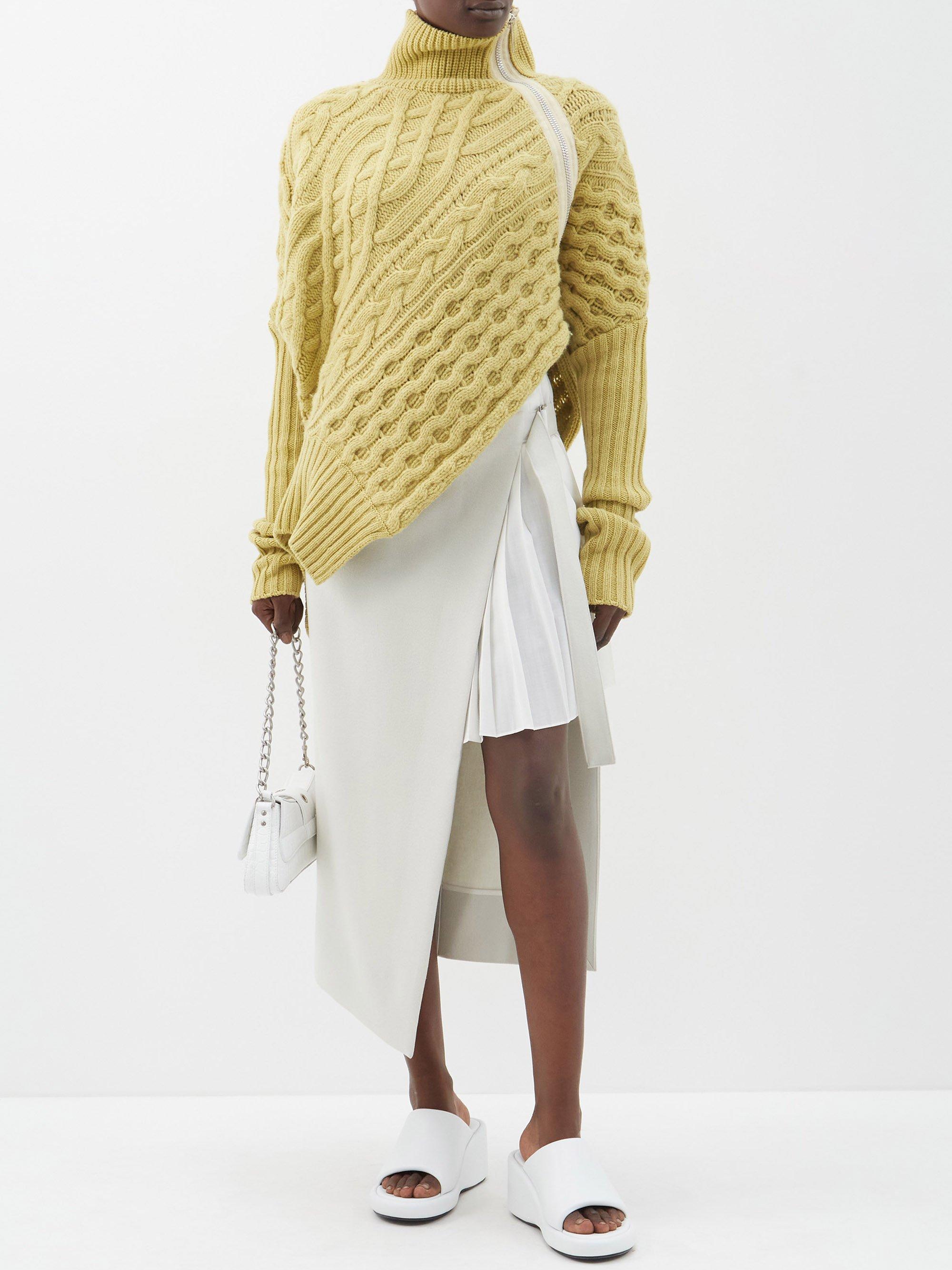 Sacai Asymmetric Cable-knit Zip Sweater in Green | Lyst Canada