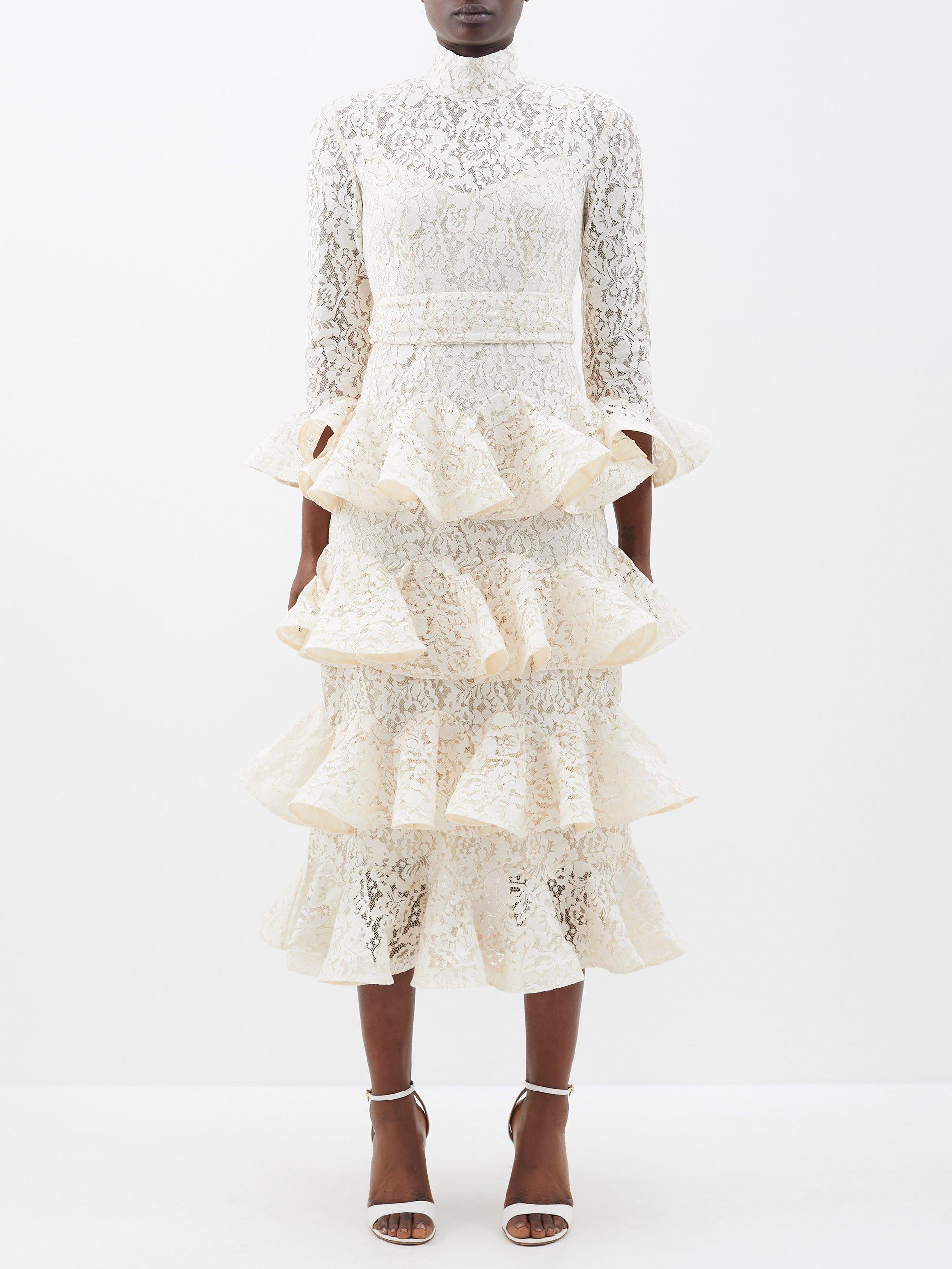 Zimmermann Tama Tiered Floral-embroidered Lace Midi Dress in Natural | Lyst