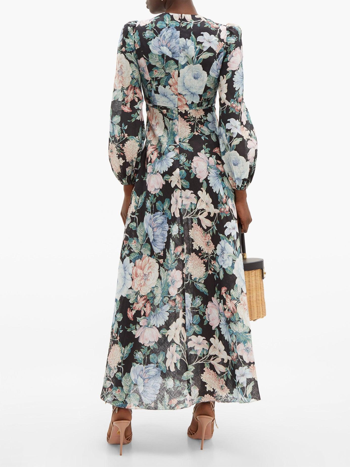 Zimmermann Allia Floral-print Linen-poplin Maxi Dress in Black - Lyst