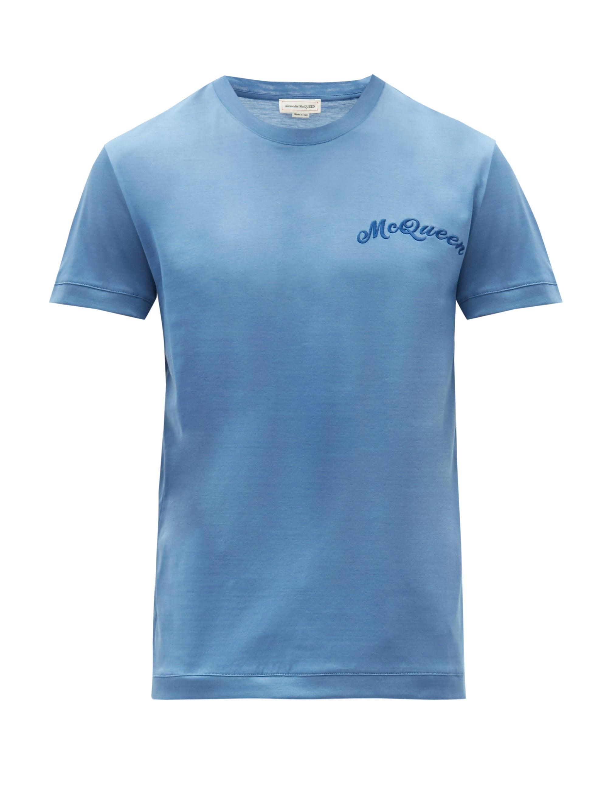 Alexander McQueen Logo-embroidered Cotton-jersey T-shirt in Blue for ...