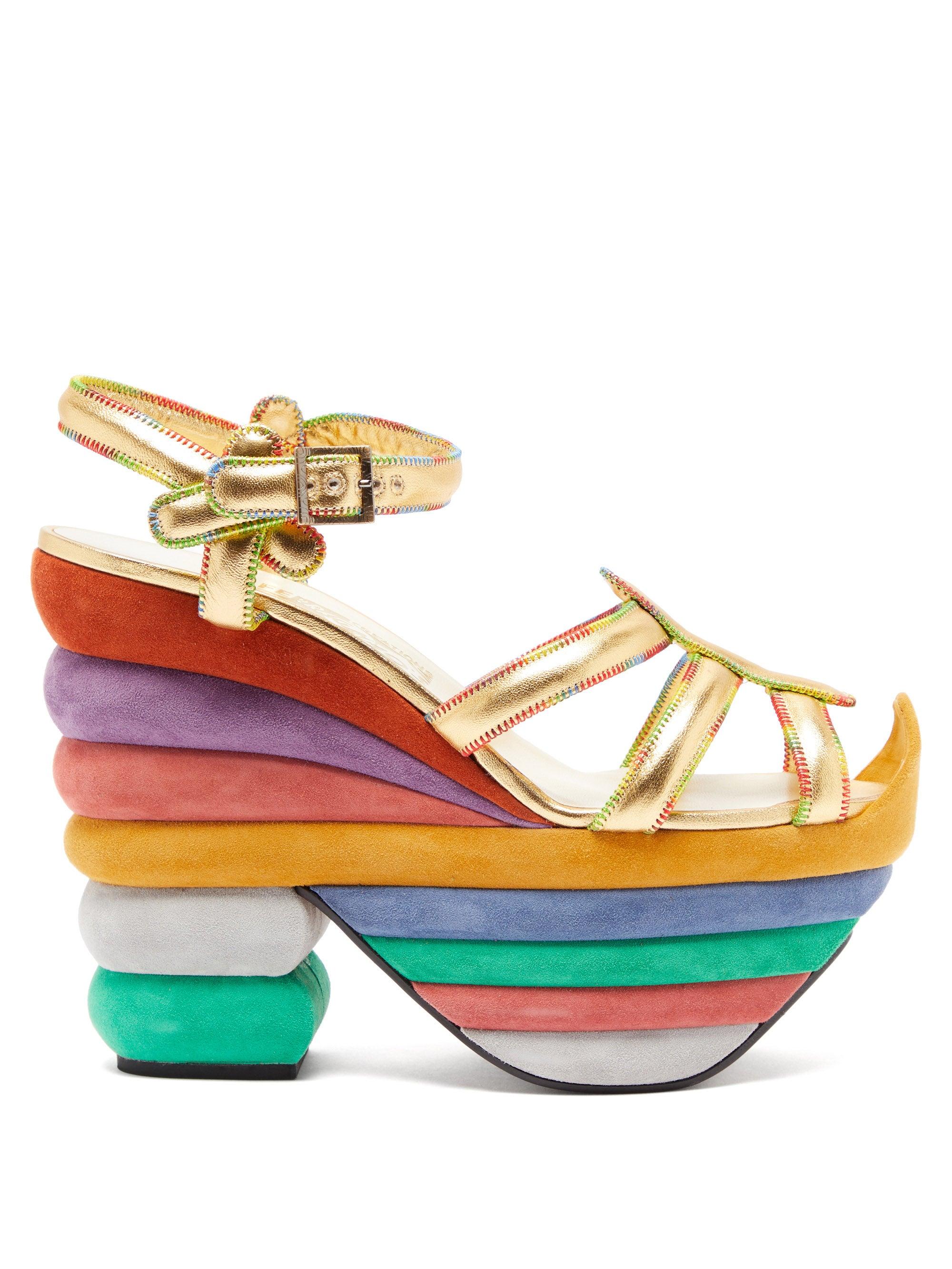Ferragamo Rainbow 1938 Leather And Suede Platform Sandals | Lyst