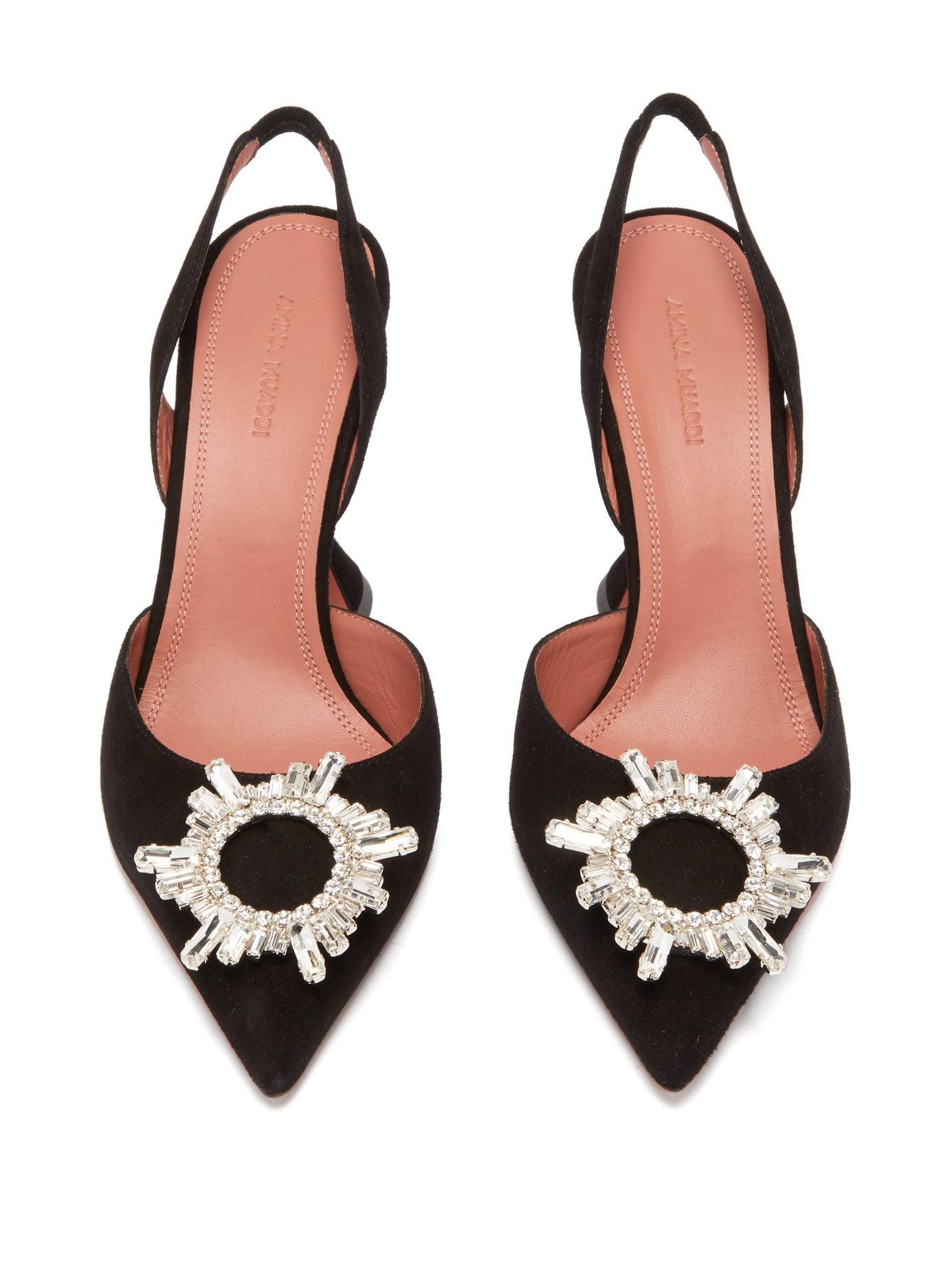 AMINA MUADDI Satin Begum Sling Black Pumps With Crystal Buckle On The ...