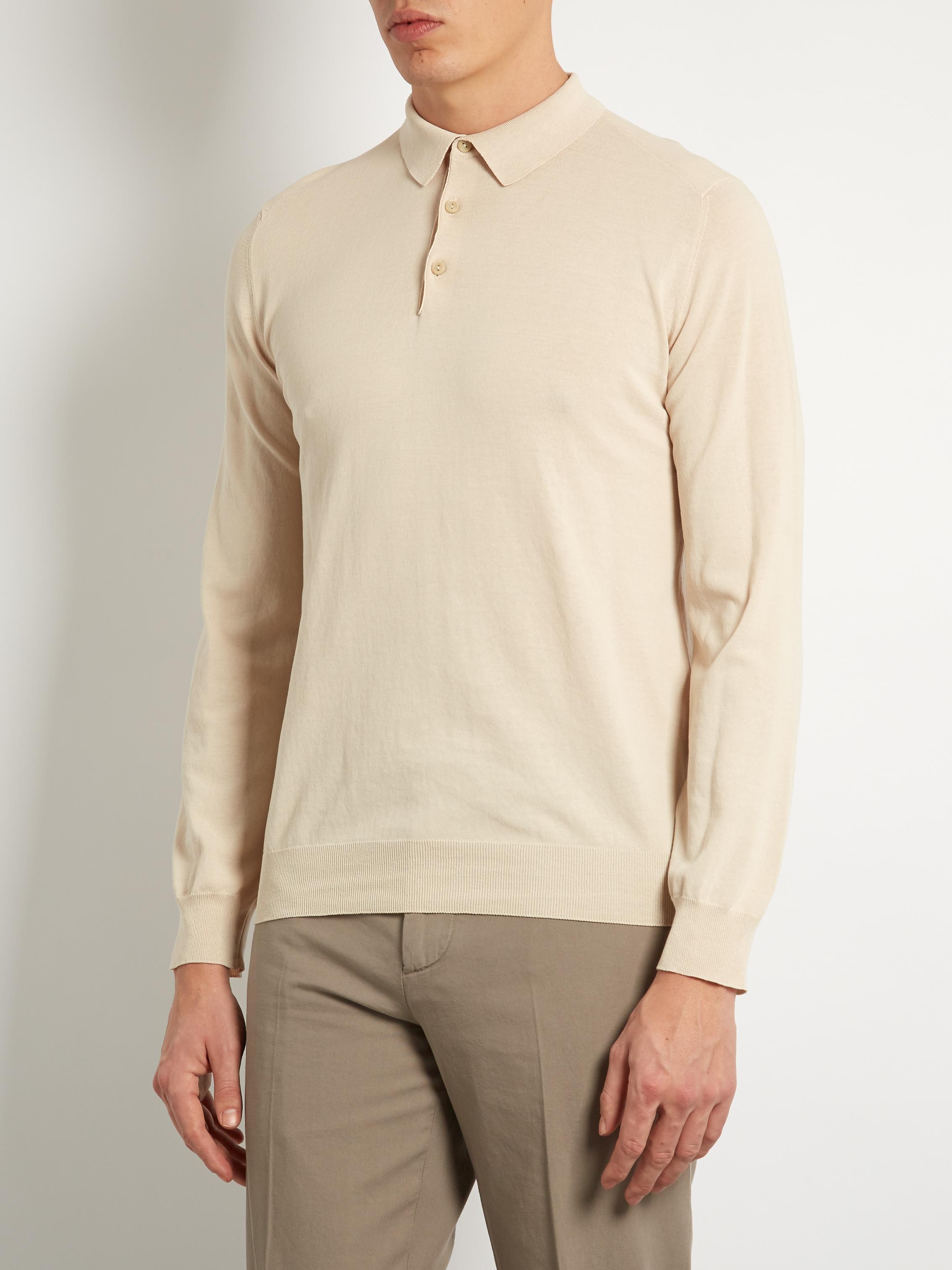 Download Boglioli Long-sleeved Cotton Polo Shirt in Cream (Natural ...