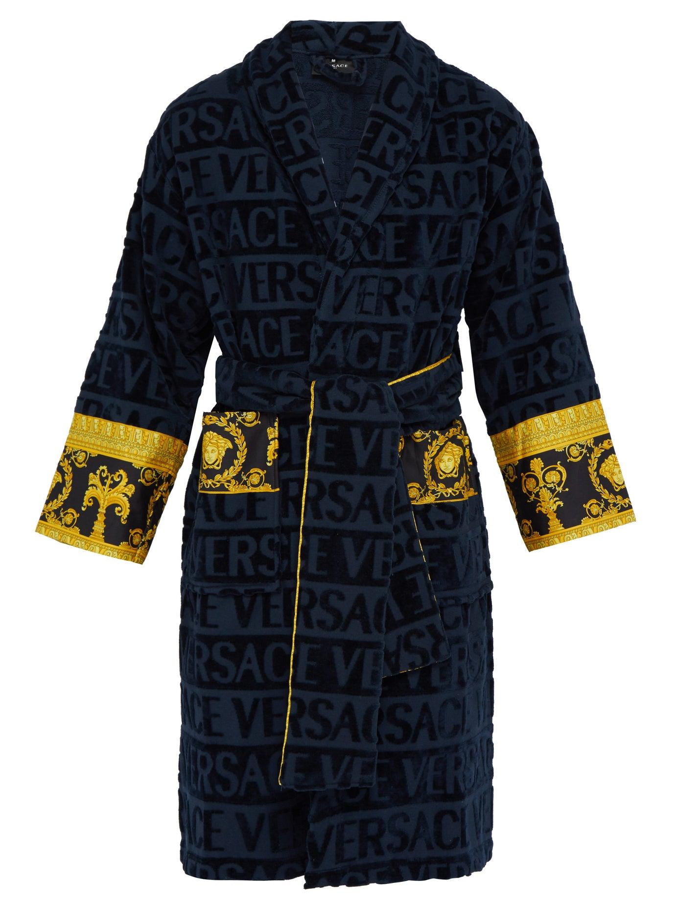 Versace I Love Baroque Logo Jacquard Cotton Bathrobe in Navy (Blue) for ...