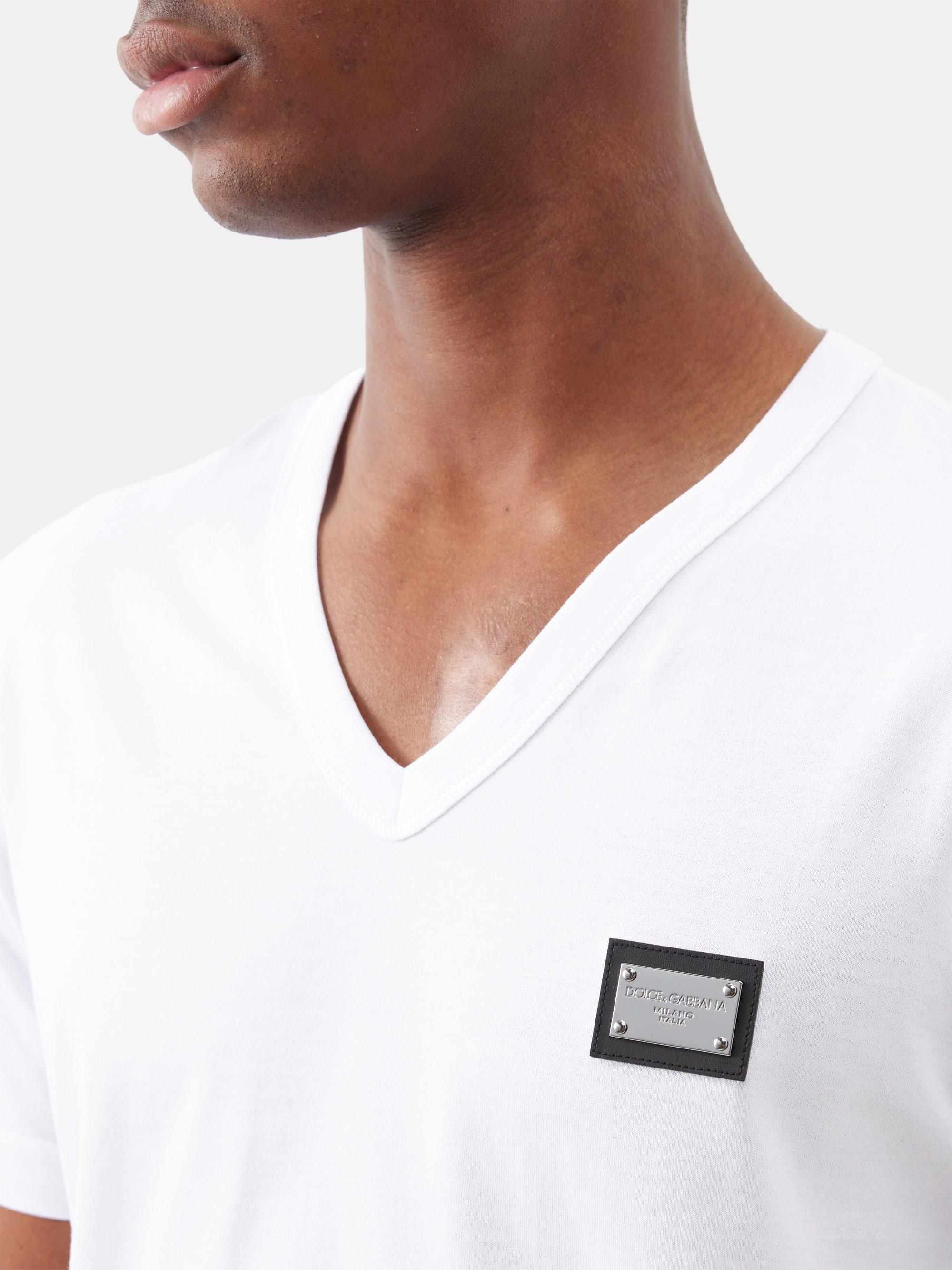 Dolce & Gabbana Logo-plaque V-neck Cotton-jersey T-shirt in White for Men |  Lyst