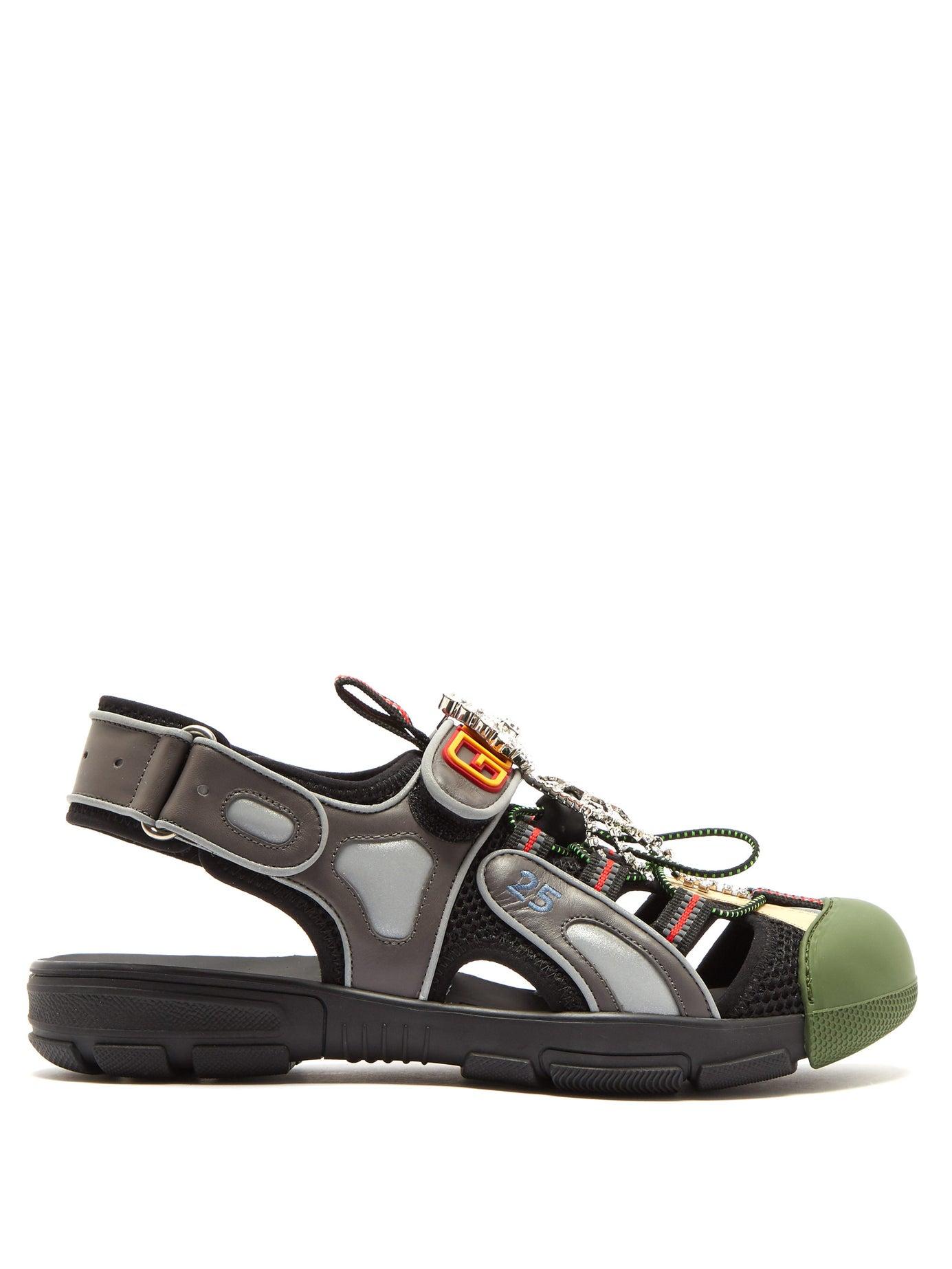 gucci leather and mesh sandal with crystals