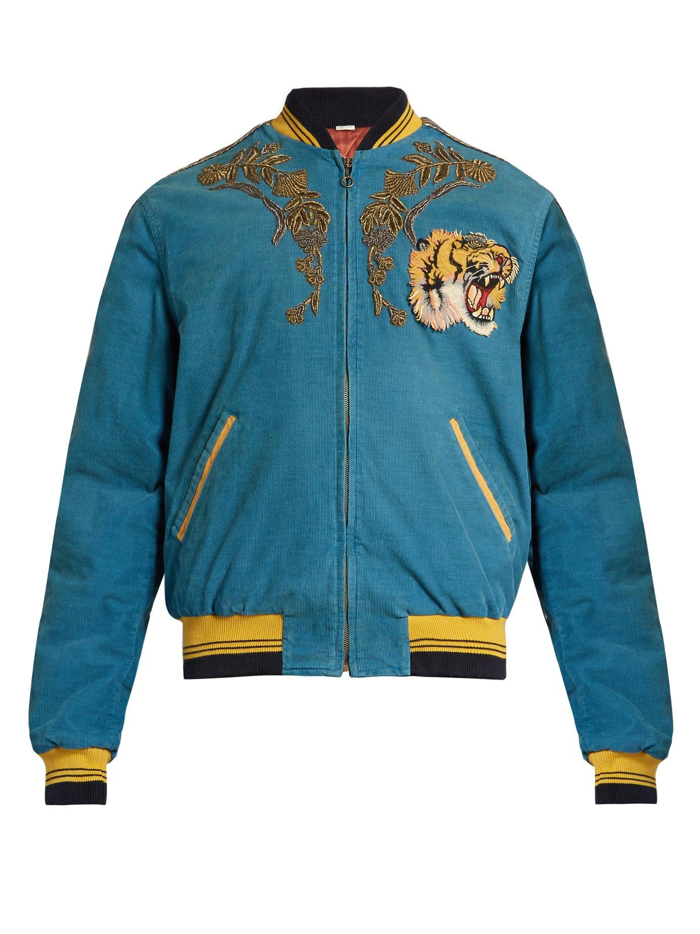 Gucci Dragon Embroidered Corduroy Bomber Jacket in Blue for Men | Lyst