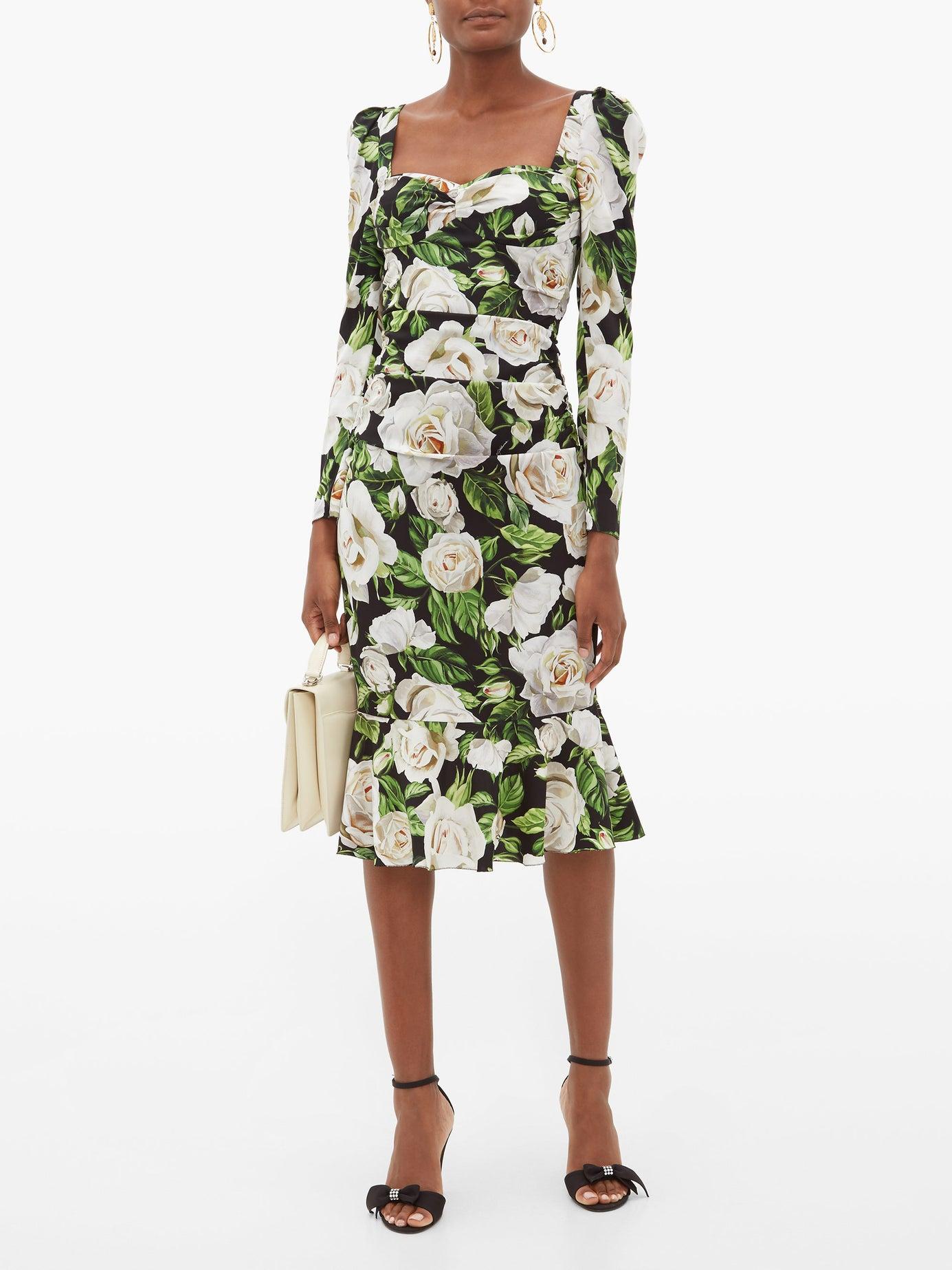 Dolce & Gabbana Rose-print Silk-blend Dress in Green Lyst