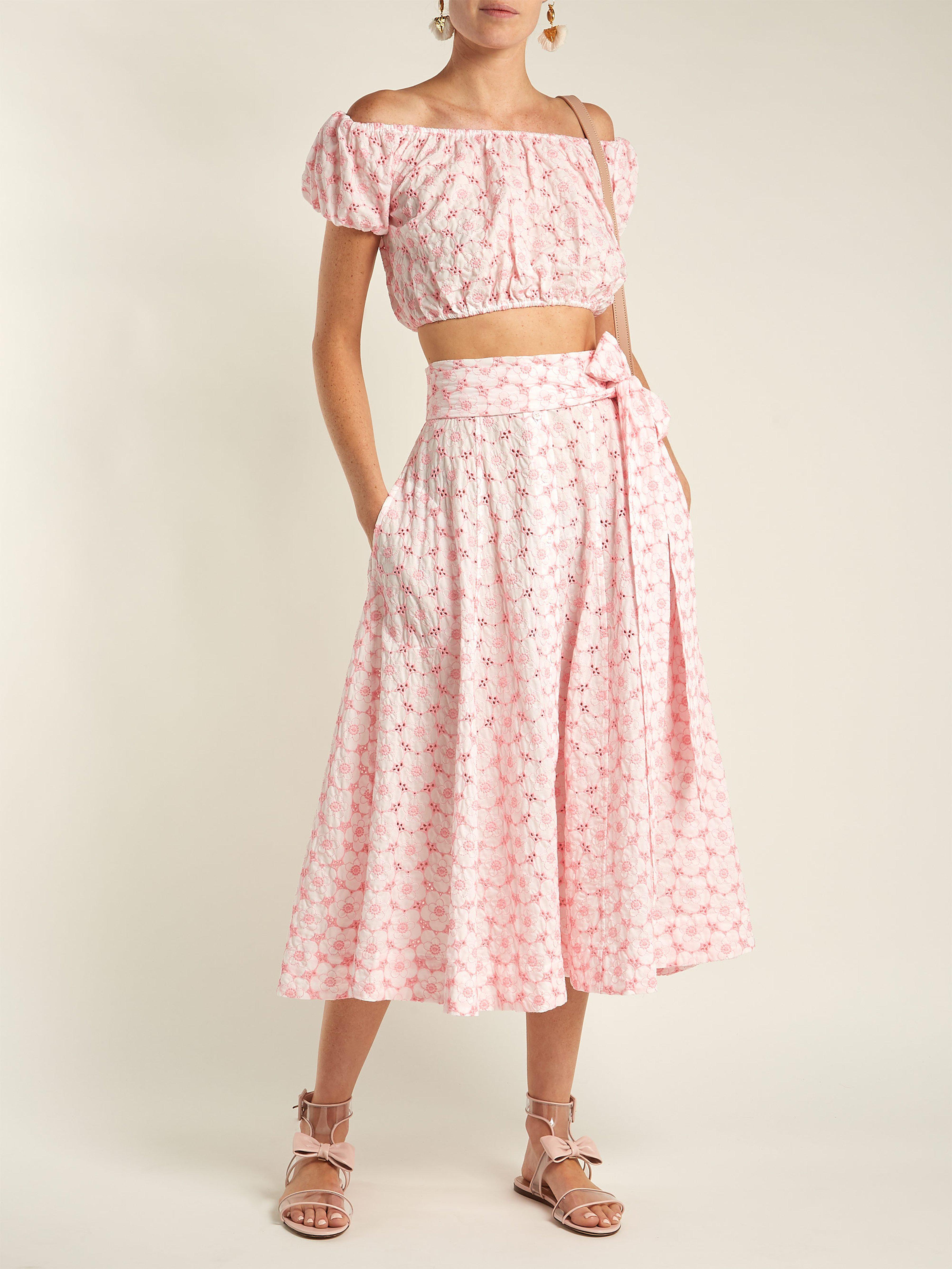 Lisa Marie Fernandez Embroidered Eyelet Cotton Midi Skirt in Pink - Lyst