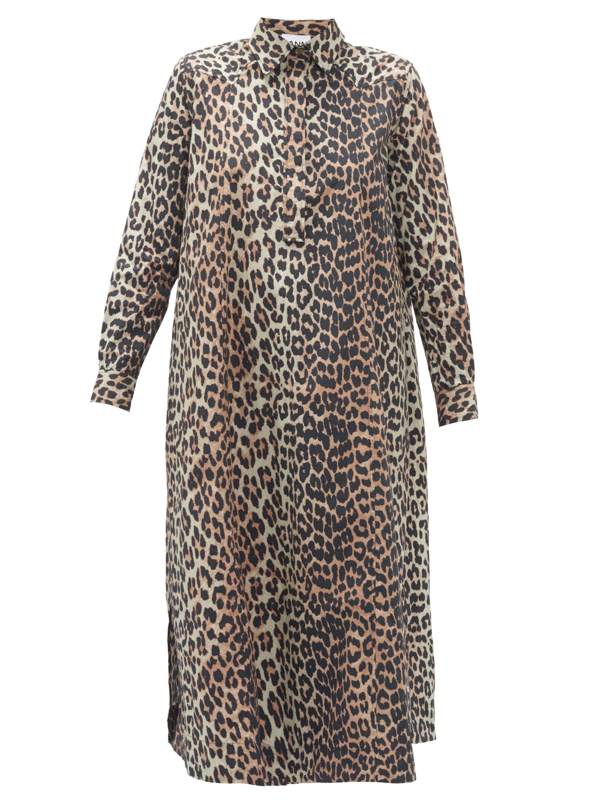 Ganni Leopard-print Cotton-poplin Shirt Dress | Lyst