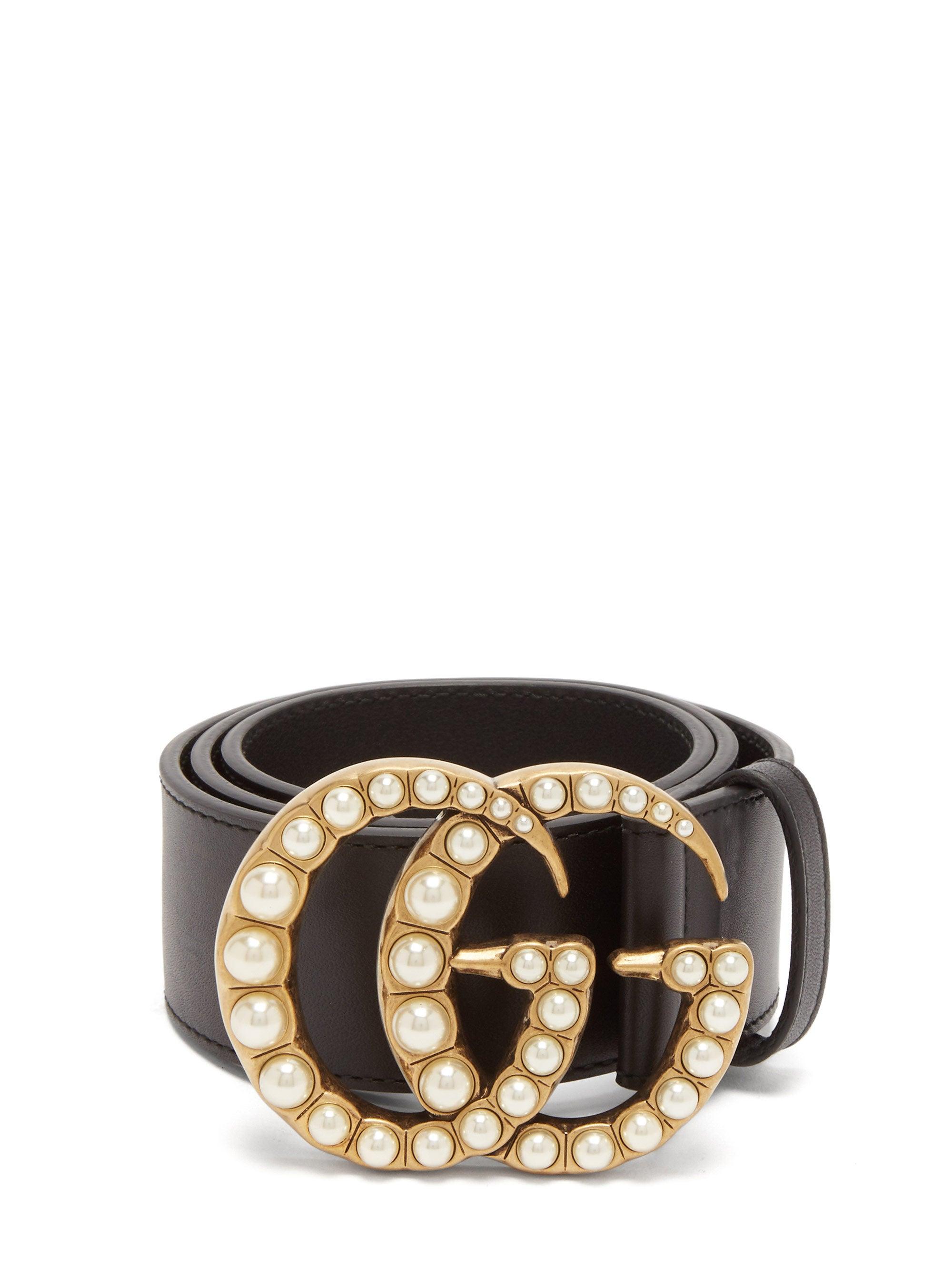 Gucci Leather Belt With Pearl Double G Buckle in Black | Lyst