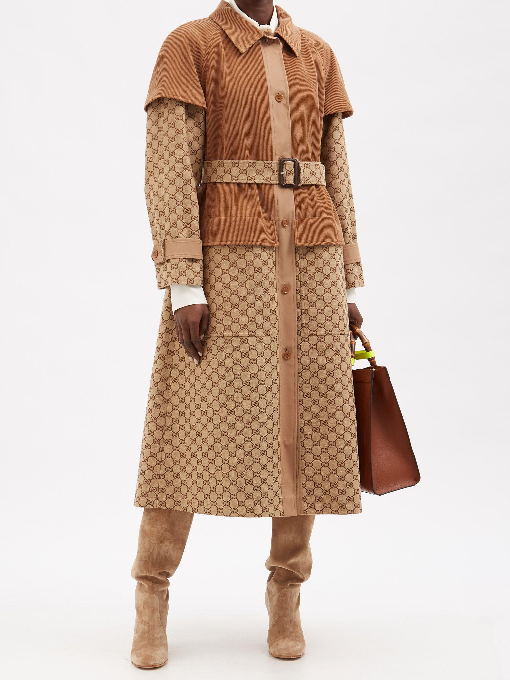 Gucci Belted Corduroy And Gg-jacquard Canvas Trench Coat in Natural | Lyst