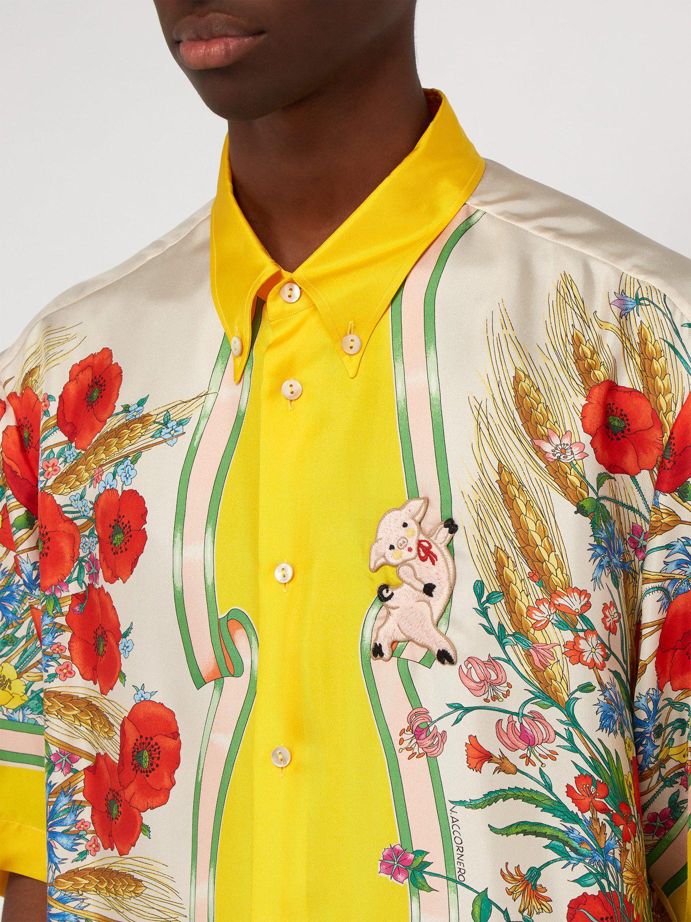 Gucci Button-down Collar Embroidered And Printed Silk-satin Shirt 