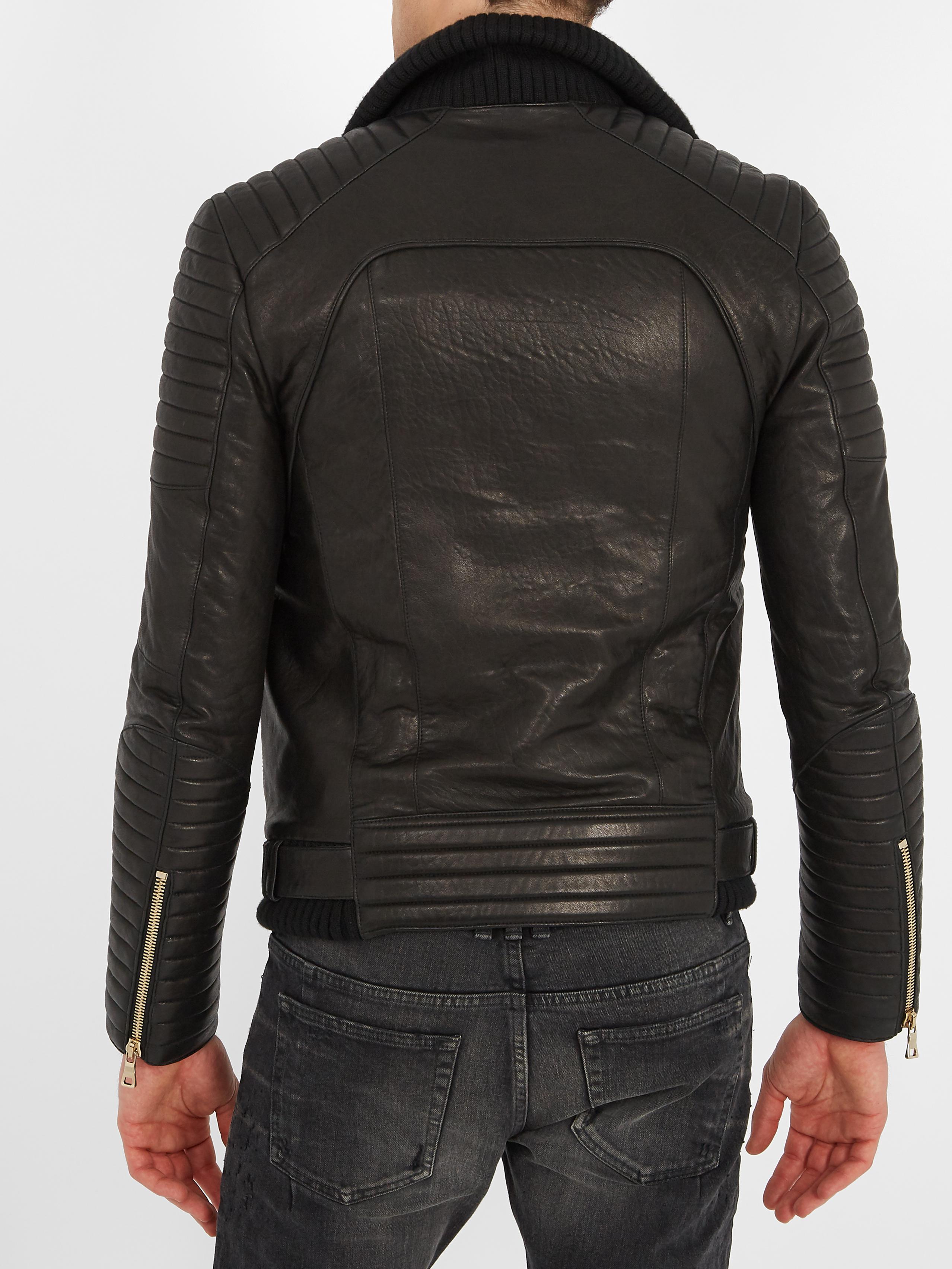 Balmain Ribbed-knit Collar Leather Jacket in Black for Men - Lyst
