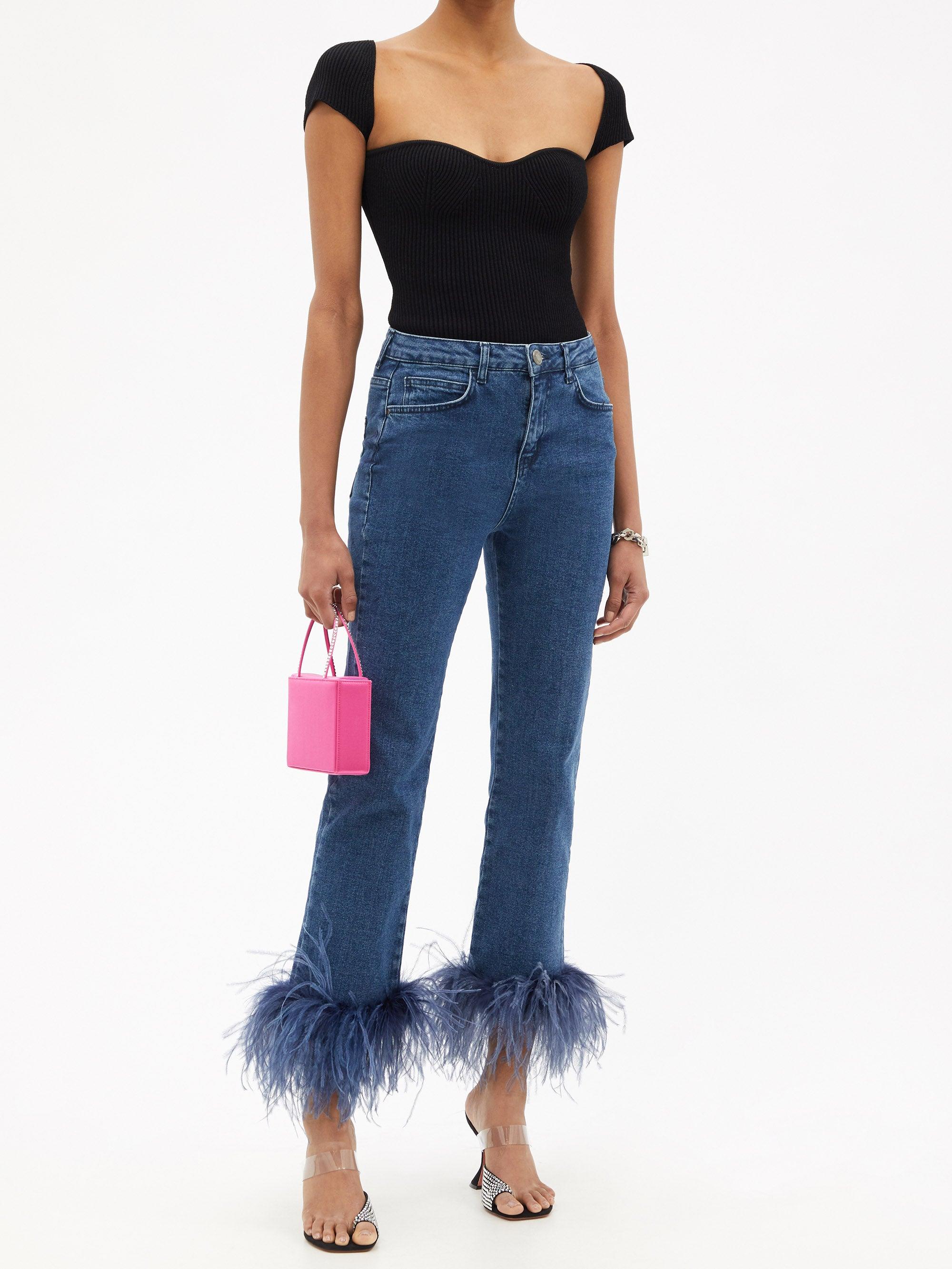 16Arlington Feather-trimmed Cropped Denim Jeans in Blue | Lyst