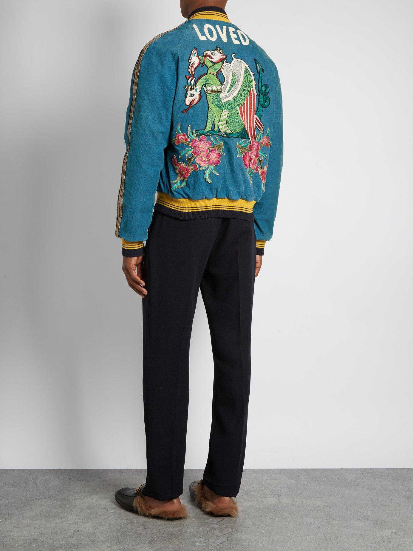 Gucci Dragon Embroidered Corduroy Bomber Jacket in Blue for Men | Lyst