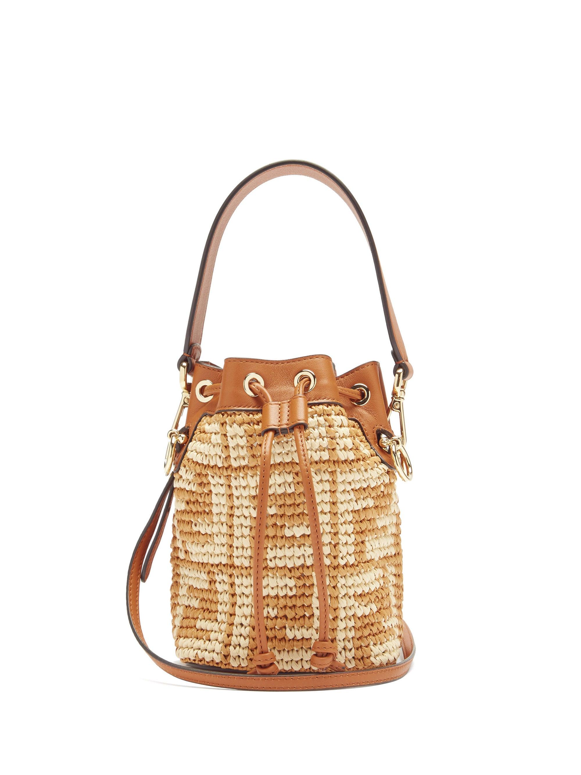 Fendi Tobacco/Cream Zucca Canvas and Raffia Mini Mon Tresor Bucket