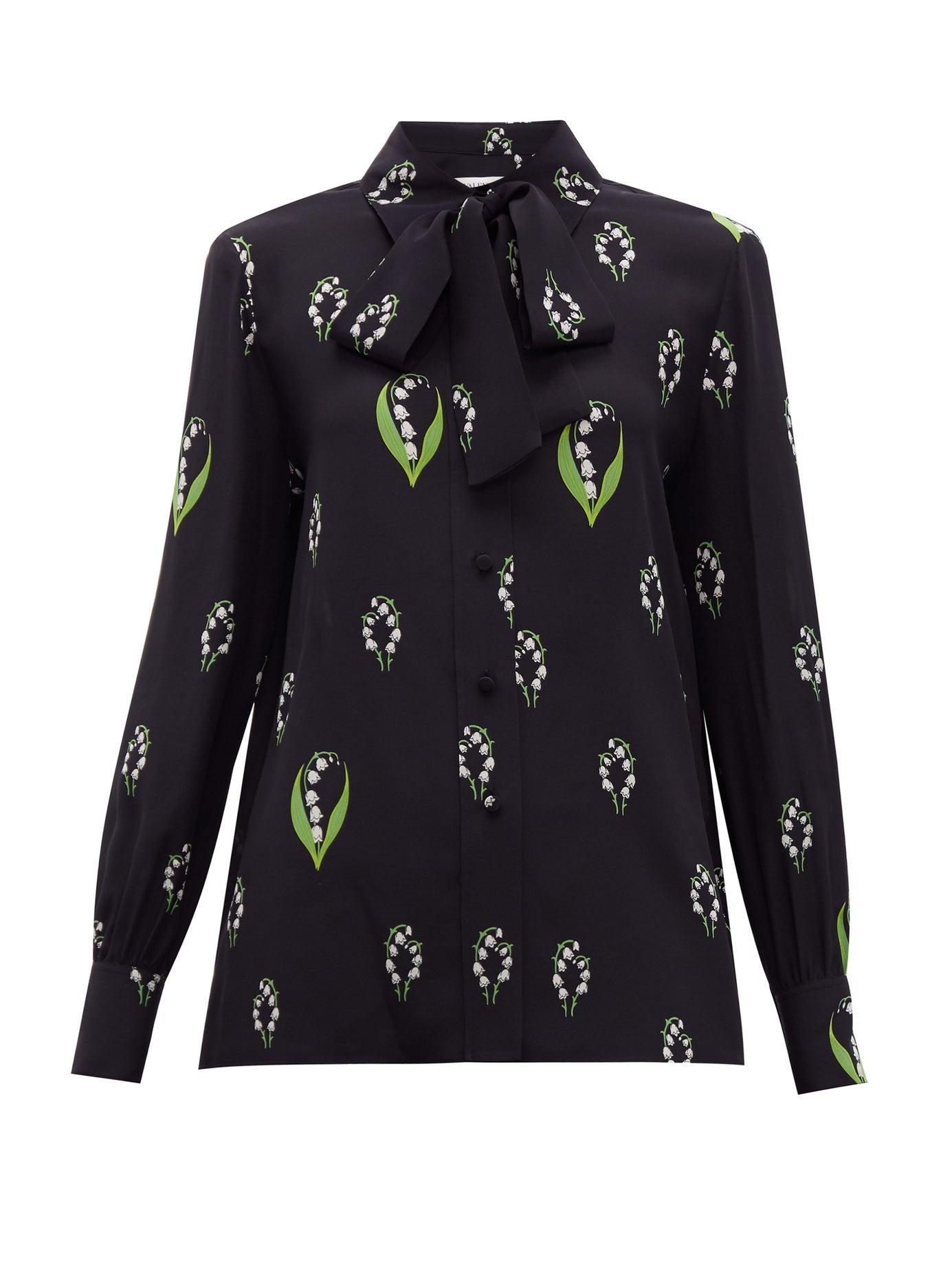 Valentino Lily Of The Valley-print Pussy-bow Silk Blouse in Black - Lyst